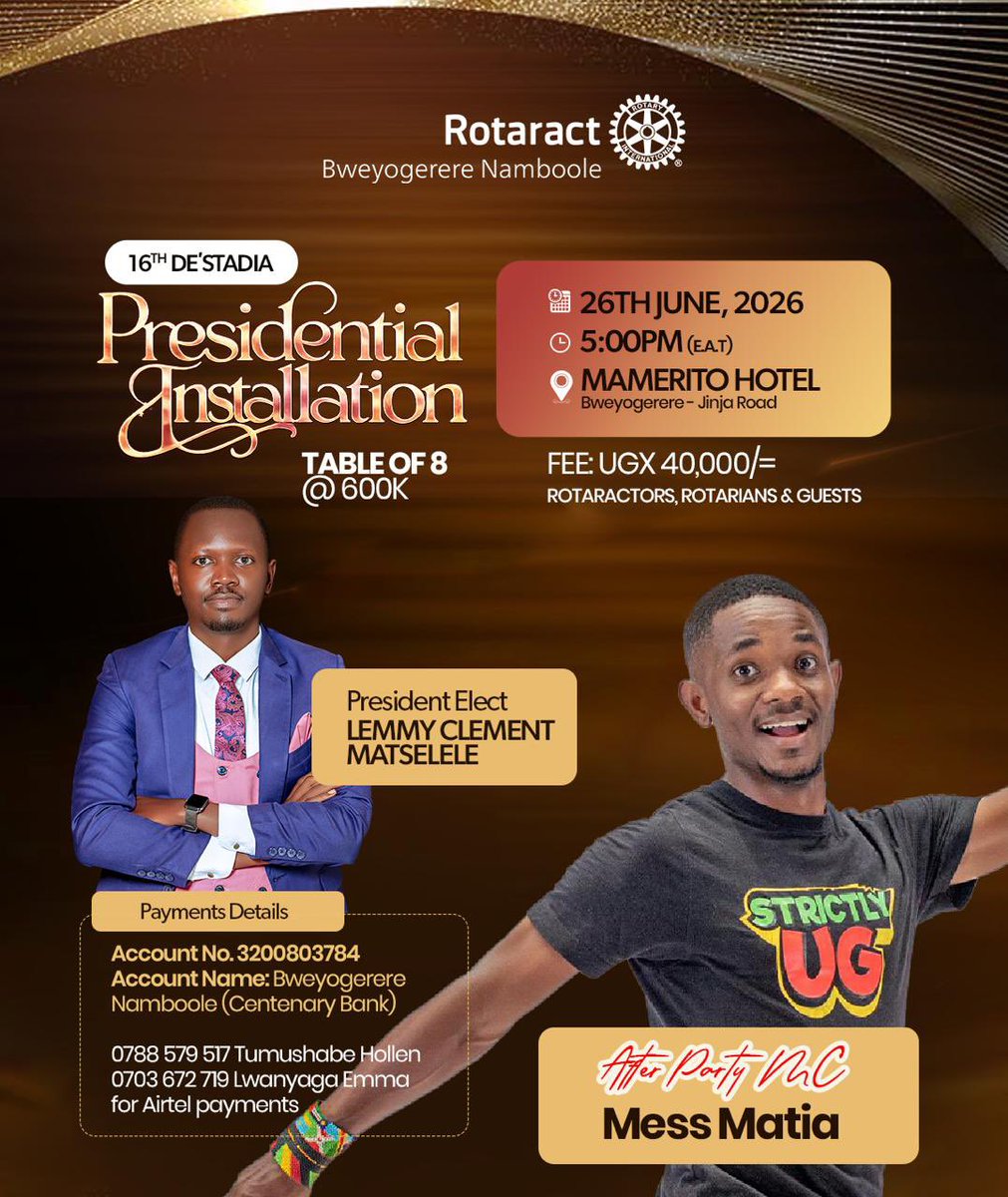 Destadia's tweet photo. We are thrilled to introduce Mess Matia as our official After-Party MC for our 16th Presidential Installation happening on 26th June 2026 at Mamerito Hotel, Bweyogerere.

​Secure your spot for the ultimate Destadia installation experience:

#DestadiaPR
#Destadia16thInstallation https://t.co/ghQw8U3OVK