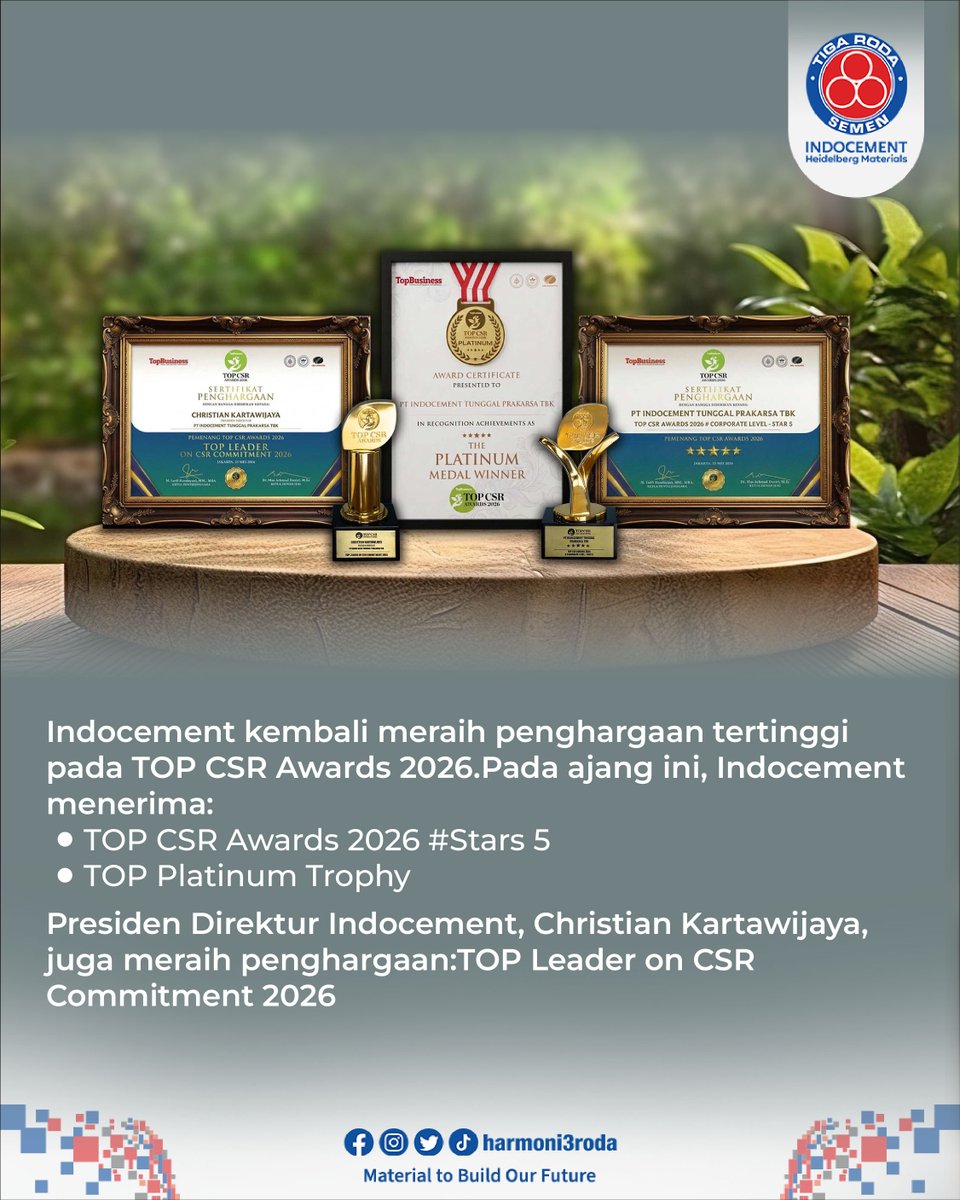 harmoni3roda's tweet photo. 2. Pada ajang TOP CSR Awards 2026, Indocement meraih #Stars 5 dan Top Platinum Trophy. Pencapaian ini menegaskan konsistensi perusahaan dalam menjalankan program CSR yang selaras dengan strategi bisnis berkelanjutan https://t.co/Fk5TY9wiqq