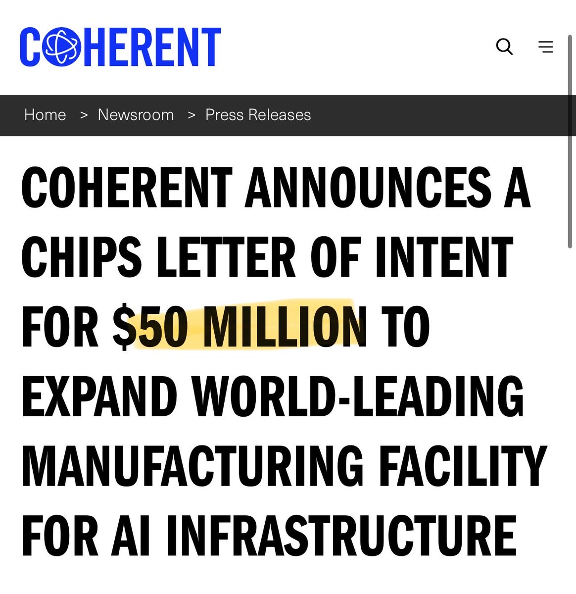 yianisz's tweet photo. $COHR just secured up to $50M in CHIPS Act funding to expand 6-inch InP wafer production.

The headline isn’t the funding.

It’s the fact that Coherent is doubling manufacturing space and 4X wafer capacity to meet AI optical demand.

The InP shortage is real. The bottleneck is moving upstream.