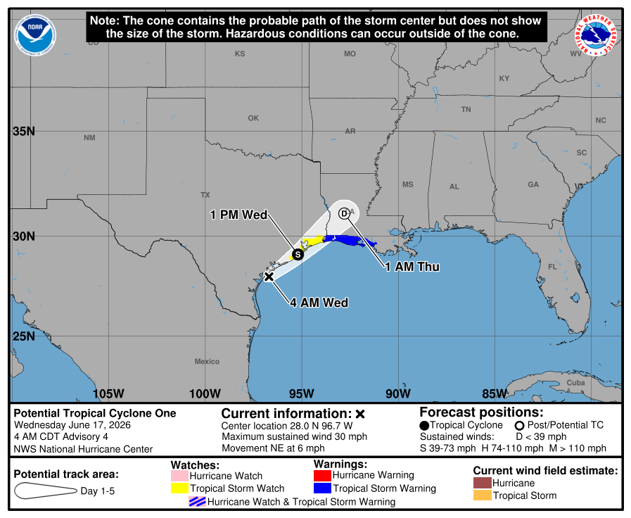 atlanticstorms's tweet photo. #POTENTIALTROPICALCYCLONEOne [Speed Incr] Heading NE @ 6 mph. Wind @ 30 mph. Location N:28.0 W:-96.7 #Hurricane #One Messi https://t.co/LhZws5730X