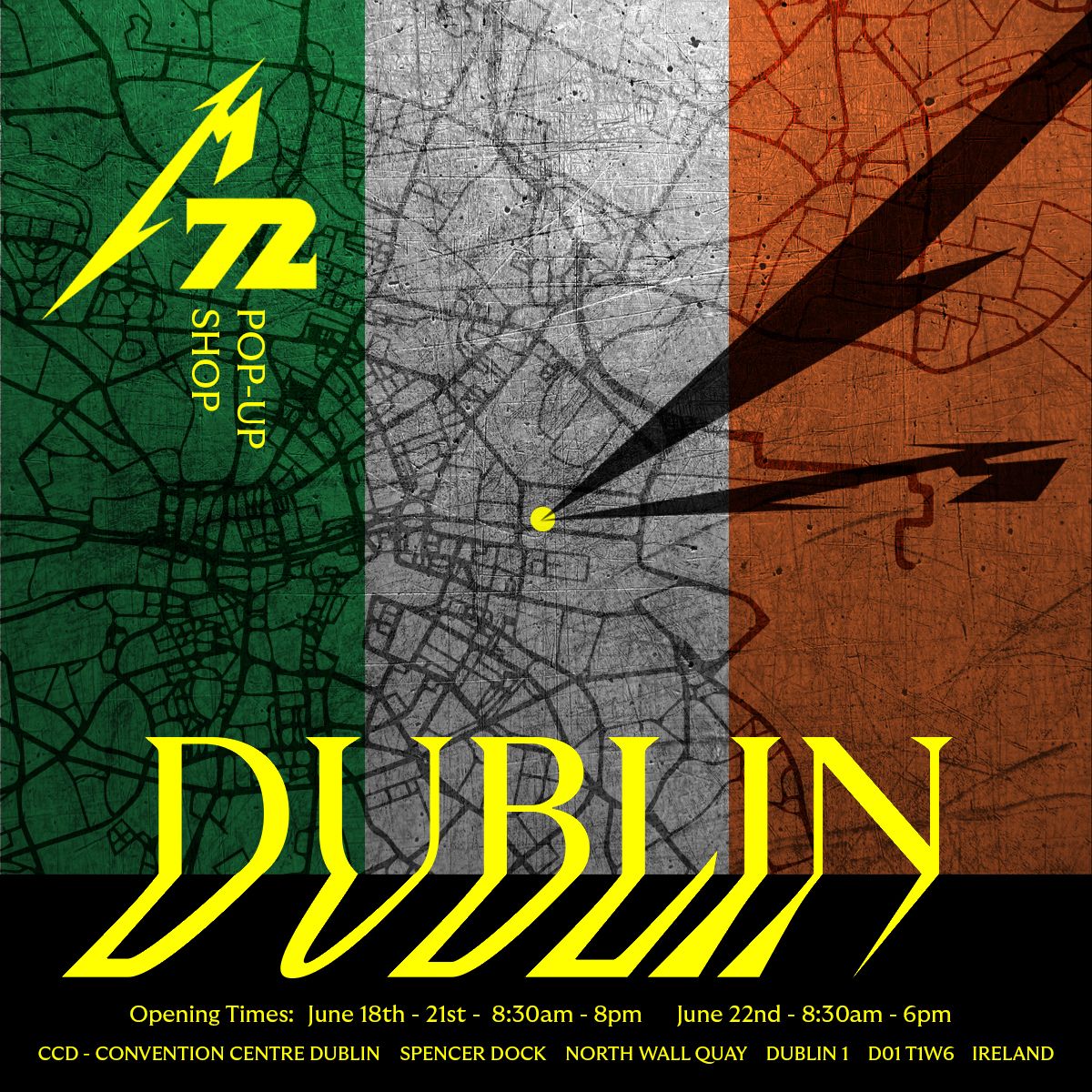 Metallica's tweet photo. 🇮🇪 DUBLIN 🇮🇪
The #M72Dublin Pop-Up Shop opens tomorrow!

THE CONVENTION CENTRE DUBLIN
SPENCER DOCK | N WALL QUAY | NORTH WALL | DUBLIN 1
THU- SUN | 8:30 AM - 8 PM
MON | 8:30 AM - 6 PM https://t.co/dQyVAiKZOQ