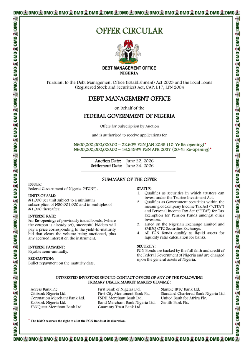 ProfitableMan1's tweet photo. If you do not have ₦50,000,000 sitting idle, please just scroll past this post. 🇳🇬

For those still here. Welcome to the table.

The Federal Government of Nigeria is offering ₦1.2 trillion in bonds and paying 22.60% interest to whoever lends them the money.

FGN JAN 2035 — 10-year bond at 22.60%
FGN APR 2037—20-year bond at 16.2499%

Minimum subscription: ₦50,001,000.
Auction date: June 22, 2026.
Interest paid twice a year. Backed by the full faith and credit of the Nigerian government.

Put in ₦50 million for one year at 22.60% and you are walking away with over ₦11 million in interest alone. Your money made more in 12 months than most Nigerians earn in 3 years working a job.

This is what having serious capital does. It makes more capital.

To those who scrolled back up after seeing ₦50 million. There is still a way in. Mutual funds like Coronation Fixed Income Fund and Zedcrest Fixed Income Fund already hold positions in bonds exactly like this one. Minimum entry from ₦1,000.

You do not need ₦50 million to benefit from government bonds. You just need to know where to look. 🇳🇬

Not financial advice. Do your own research.