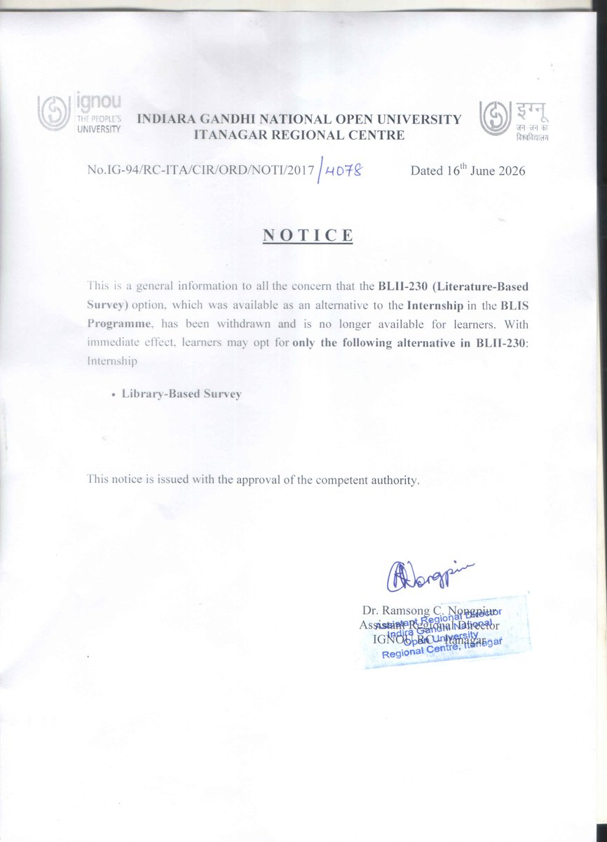 ItanagarRC's tweet photo. Withdrawal of Literature-Based Survey Option in Internship: BLII-230 (BLIS Programme https://t.co/FmxAxVWKlb
