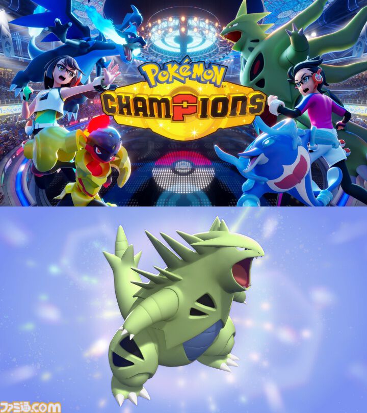 famitsu's tweet photo. 『ポケモンチャンピオンズ』スマホ版が本日サービス開始！
https://t.co/OtBqkYpO7q

メガムクホークなど新たなメガシンカが解禁される“レギュレーションM-B”が開幕。参加賞でバンギラスがもらえるオンライン大会も開催決定。 https://t.co/x6n6XstodR