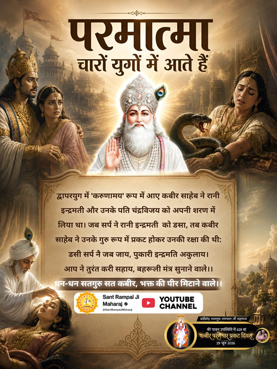 LoknathKumarDa's tweet photo. #परमात्मा_चारों_युगमें_आतेहैं

When Queen Indramati was bitten by a snake and cried in distress, Kabir Sahib immediately came to her aid as her Guru. Such is the compassion of the Supreme God who never abandons His devotees. 

God Kabir In 4Yugas https://t.co/ilh3R0tatE