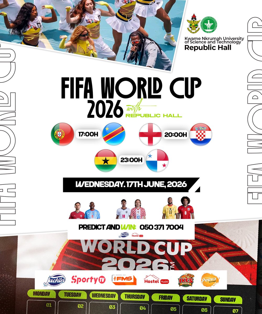RepuKNUST's tweet photo. World Cup Fever is LIVE at Republic Hall! 🏆 Catch the stadium vibes on GIANT LED screens today, June 17th! 🌍
⚽ 🇵🇹 vs 🇨🇩 | 17:00H
⚽ 🏴󠁧󠁢󠁥󠁮󠁧󠁿 vs 🇭🇷 | 20:00H
⚽ 🇬🇭 vs 🇵🇦 | 23:00H
💸 PREDICT &amp; WIN with our headline sponsor, Jachin Foods!
#WorldCup2026 #ThisIsRepu #BlackStars https://t.co/EHquehCWJy
