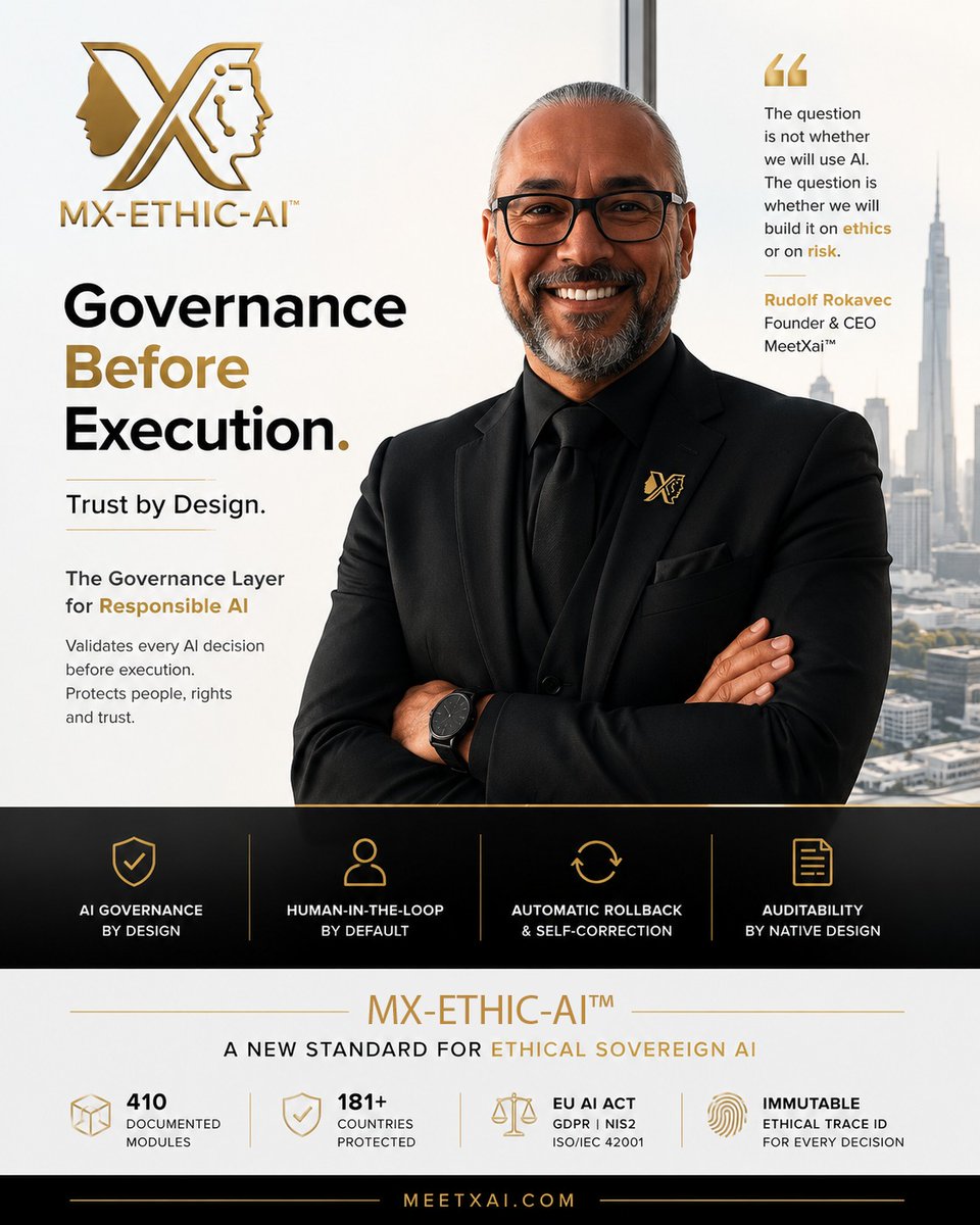 RudolfRokavec's tweet photo. The question is not whether we will use AI.
The question is whether we will build it on ethics or on risk.

For 2.5 years, I have been building the answer.

MX-ETHIC-AI™ is the governance layer that validates every AI decision before execution.
Not after. 
Before.
While the world debates AI safety
we built the architecture.
✦ 410 documented modules
✦ 181+ countries protected
✦ EU AI Act · GDPR · NIS2 · ISO/IEC 42001
✦ Human-in-the-Loop by default
✦ Immutable Ethical Trace ID for every decision

AI Governance by Design.
Trust by Design.
Governed AI is not a limitation.
It is the foundation of every system that earns trust.
If your organization deploys AI and cannot answer who validates each decision before execution we need to talk.

🌐 https://t.co/km6hoxyhQ2
📧 info@meetxai.com
MX-ETHIC-AI™ 
A New Standard for Ethical Sovereign AI.

#AIGovernance #EUAIAct #ResponsibleAI #AISafety #MXETHICAl #Compliance #HumanInTheLoop #Belgrade @elonmusk @grok @xai