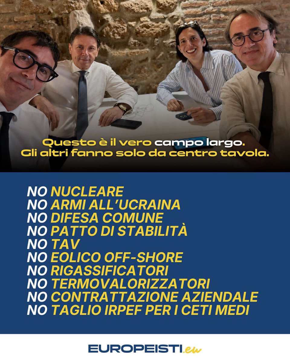 europeisti_eu's tweet photo. La foto a tavola di Schlein, Conte, Fratoianni e Bonelli è la cosa più intellettualmente onesta che potessero fare i leader del campo largo: hanno reso chiaro chi comanda e qual è il vero profilo programmatico e valoriale della coalizione. Il No a Tutto. https://t.co/pnPkK5LLQz
