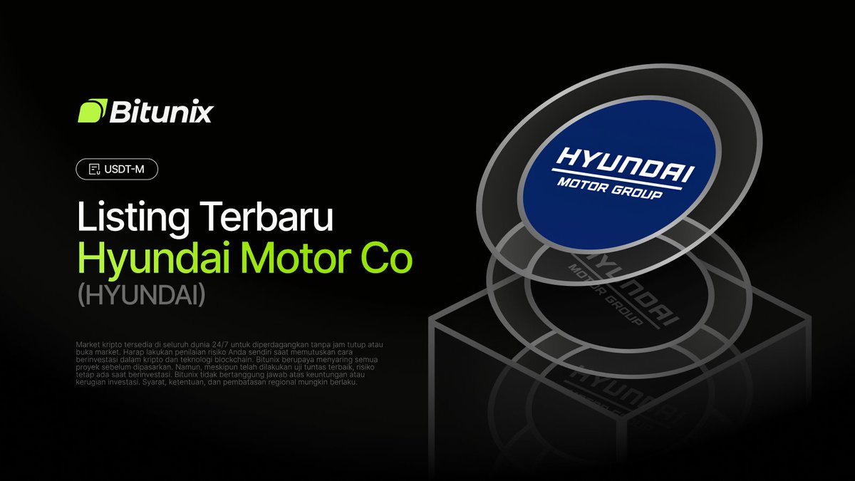 BitunixID's tweet photo. 📣 Listing Perdagangan Terbaru                  

Dengan bangga Bitunix Melisting $HYUNDAI Hyundai Motor pada perdagangan Saham Futures!            

Tautan Futures:  https://t.co/MdWnX4SytN https://t.co/FfLg4aMbXj