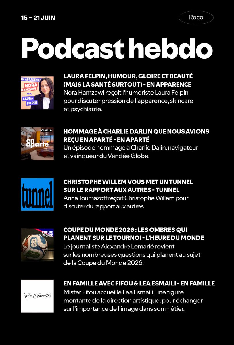 spotifyfrance's tweet photo. On écoute quoi cette semaine comme podcasts ?

🗣️ En apparence
🎤 @nathalielevy57 x @canalplus
🚇 Tunnel x @cwillem
⚽ @lemondefr x @AlexLemarie
📹 @fifoudezign x @heyimleaaaa

À retrouver sur Spotify ➡️ https://t.co/EybgxVrw0s https://t.co/BcLrftY8oA