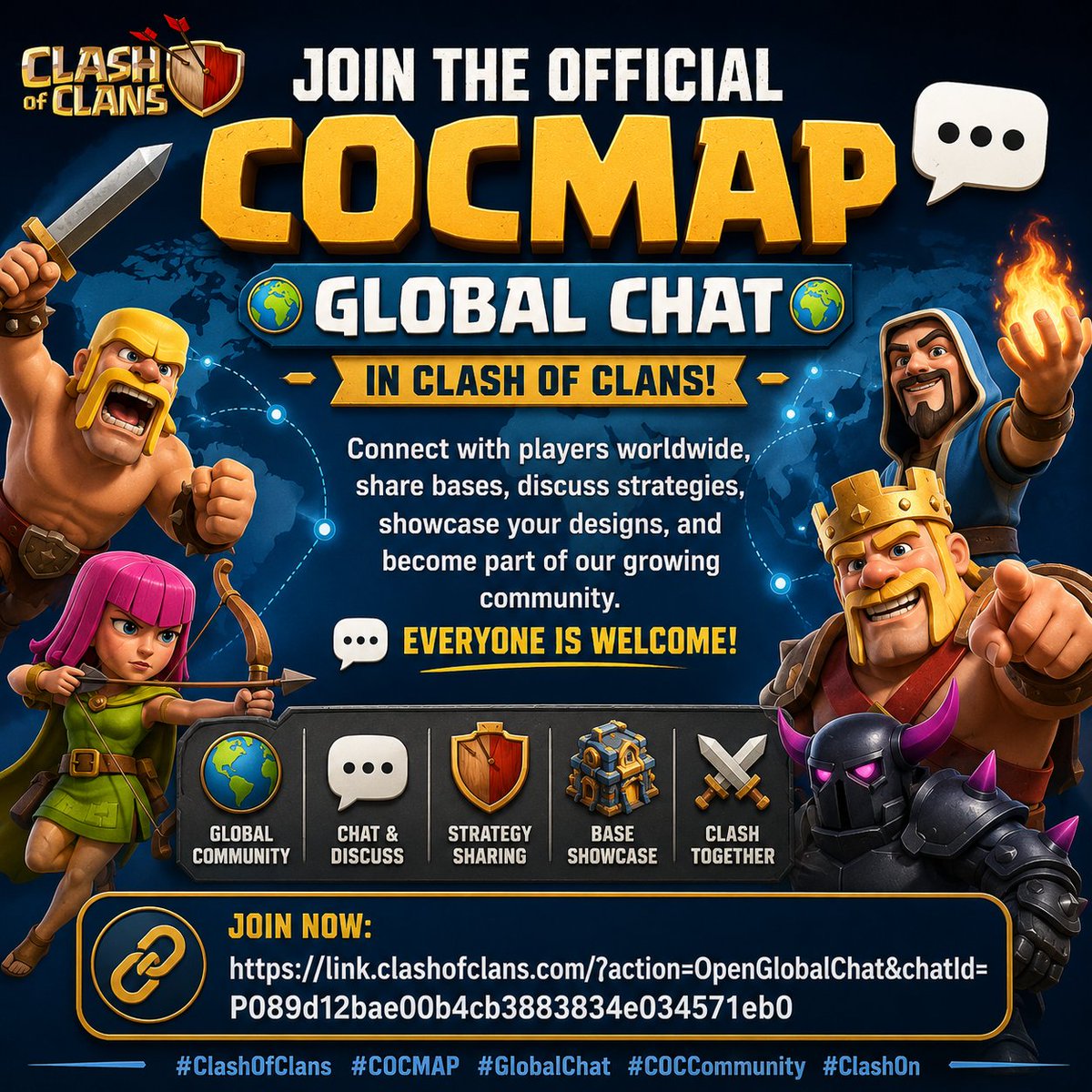 COCMap100's tweet photo. 🌍 Join the COCMAP Global Chat!

💬 Meet players, share bases, and talk Clash.

🔗 Join now: https://t.co/45R9IHVABY

#ClashOfClans #COCMAP #GlobalChat #ClashOn #COCCommunity https://t.co/bVS9JIh7k5