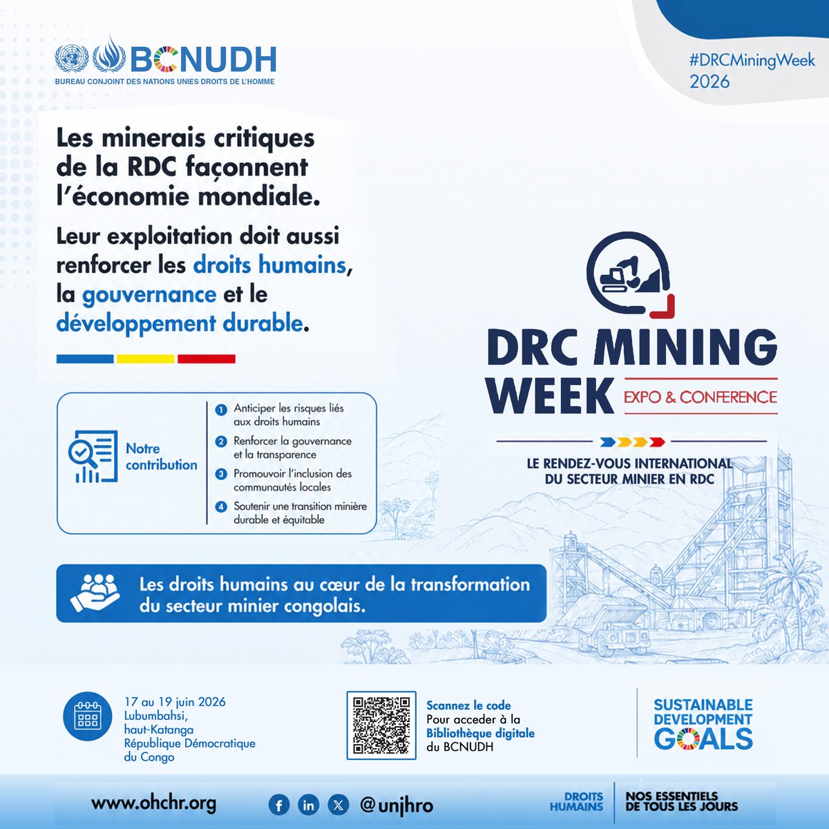unjhro's tweet photo. Les minerais critiques de la RDC façonnent l'économie mondiale. Leur exploitation doit aussi renforcer les droits humains, la gouvernance et le développement durable. 

#DRCMININGWEEK https://t.co/ssZwshQOyS