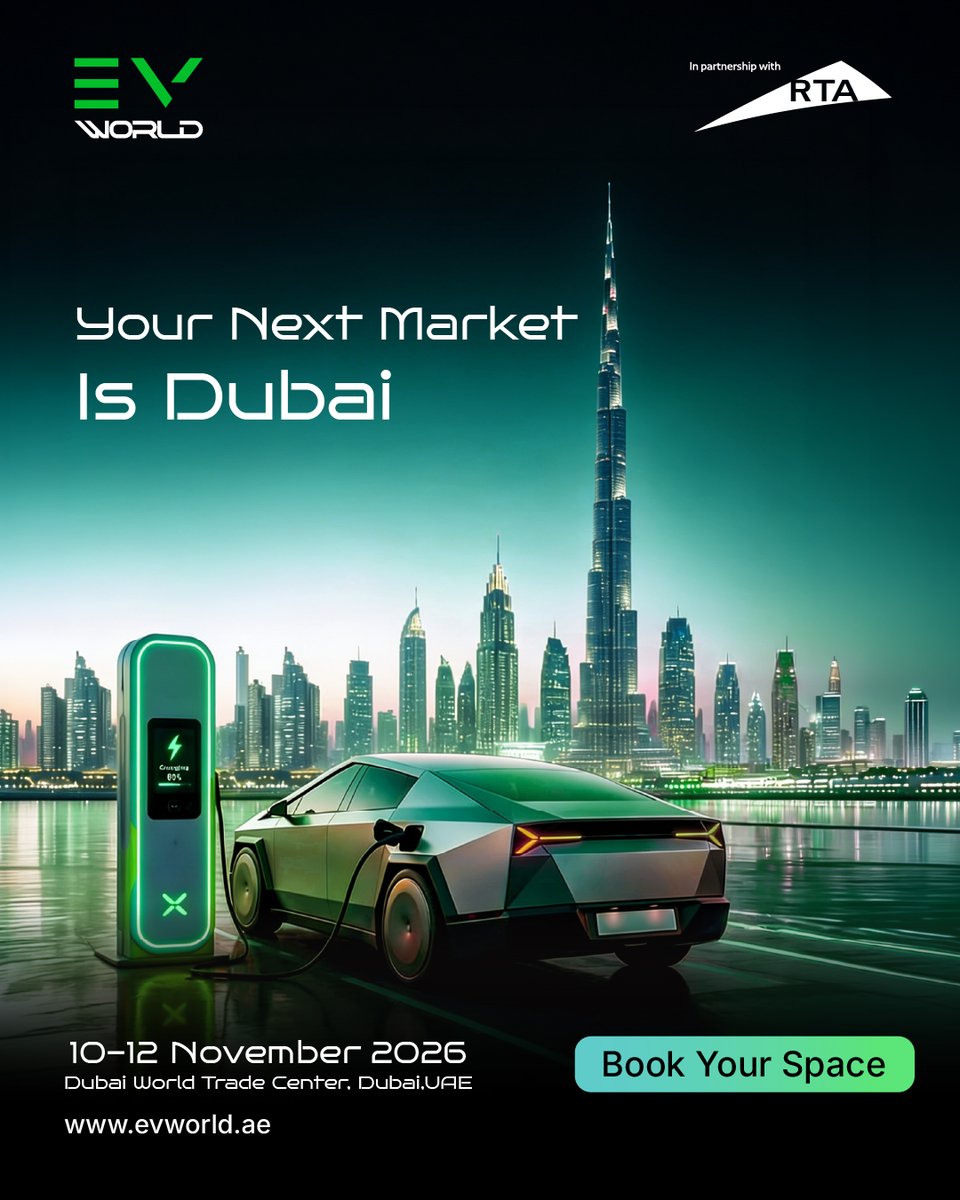 evworld2026's tweet photo. Your next market is Dubai.

Connect with industry leaders, unlock new opportunities, and be part of the region's rapidly growing electric mobility ecosystem.

📍 Dubai World Trade Centre
📅 10–12 Nov 2026

Book your space today.
#ElectricMobility #EVIndustry #SmartMobility https://t.co/24MUhq8Bcr