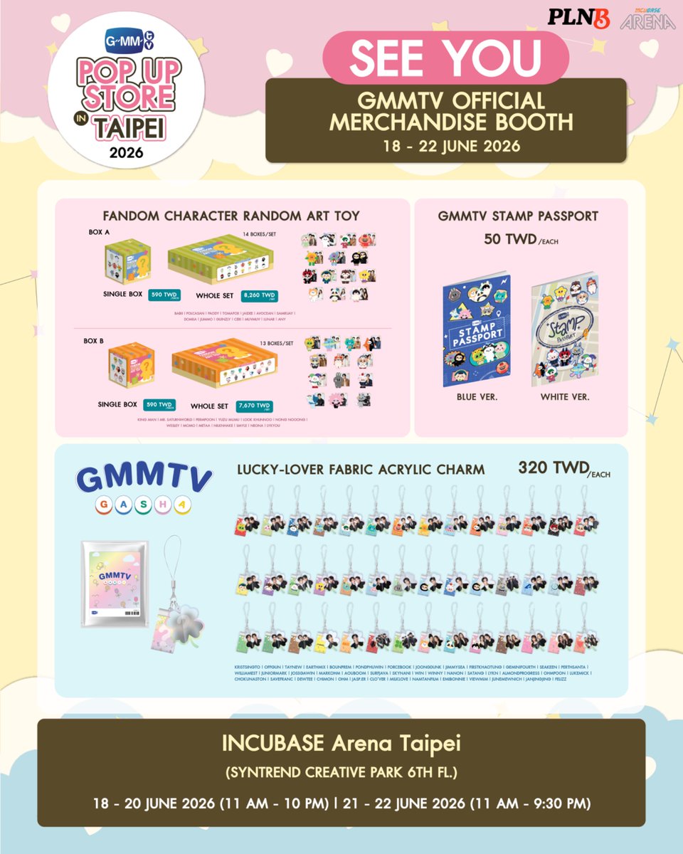 Shopnasium's tweet photo. See you! Get ready for the cute official merchandise at the GMMTV POP-UP STORE IN TAIPEI 2026.

18 - 20 JUNE 2026 (11 AM - 10 PM)
21 - 22 JUNE 2026 (11 AM - 9:30 PM)

INCUBASE Arena Taipei
(Syntrend Creative Park 6th FL.)

#GMMTVPOPUPSTOREINTAIPEI
#GMMTV https://t.co/nLquOM3FKd