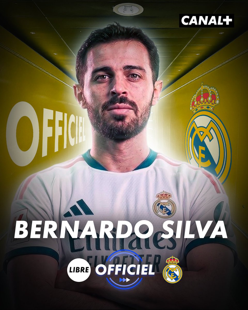 CanalplusFoot's tweet photo. 🚨 OFFICIEL : BERNARDO SILVA EST UN JOUEUR DU REAL MADRID !🤯

Après 9 saisons à Manchester City, le Portugais, libre de tout contrat, s'engage pour 2 ans chez les Merengue✍️ https://t.co/fHNBUdDjsF