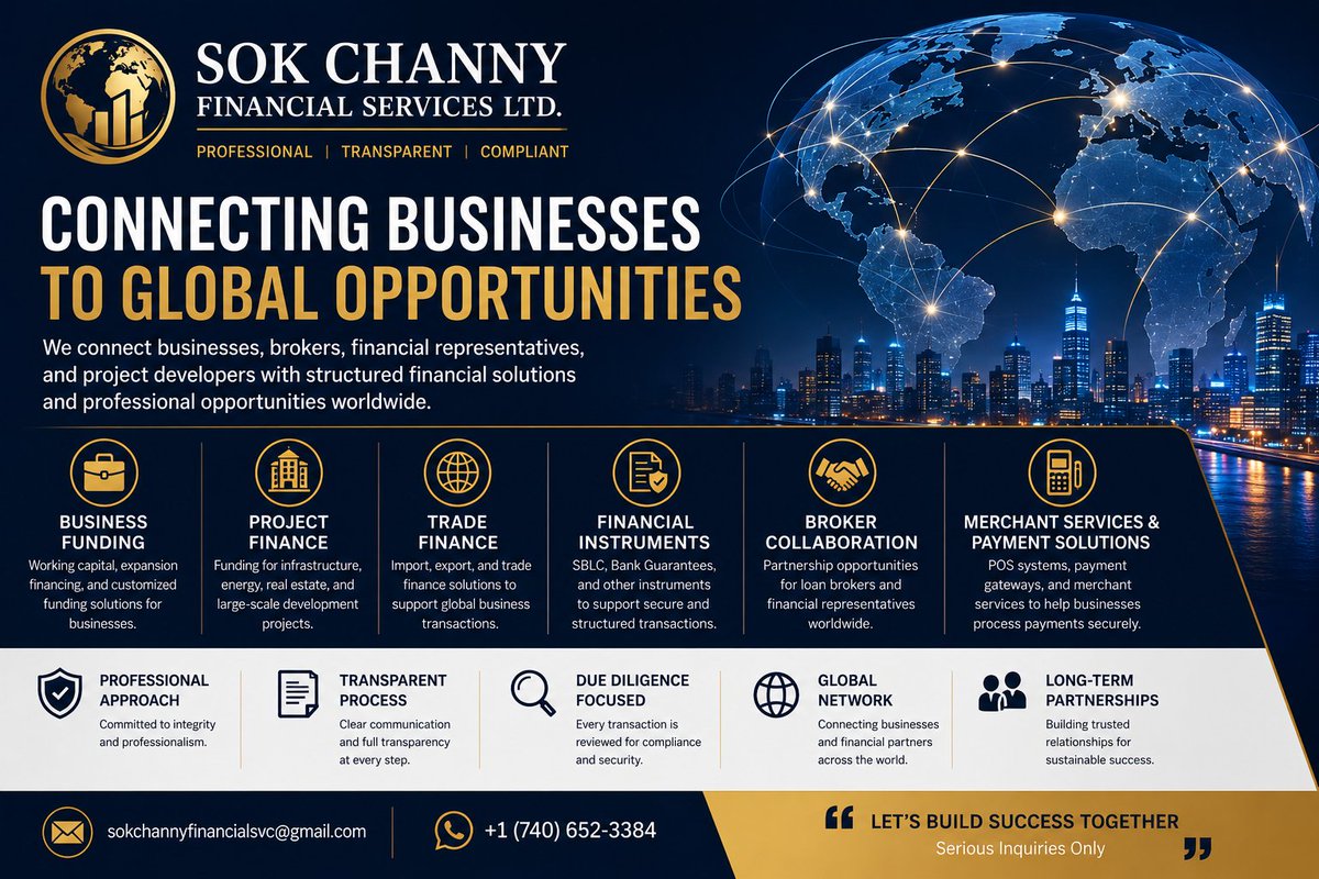 channyfinancial's tweet photo. 💼 Building Strong Business Relationships Worldwide

Success in finance and business is built on trust, transparency, and professional communication.

We welcome connections with:

✔ Business Owners
✔ Loan Brokers
✔ Financial Representatives
✔ Project Developers
✔ Payment https://t.co/ZPXsSOhGpn