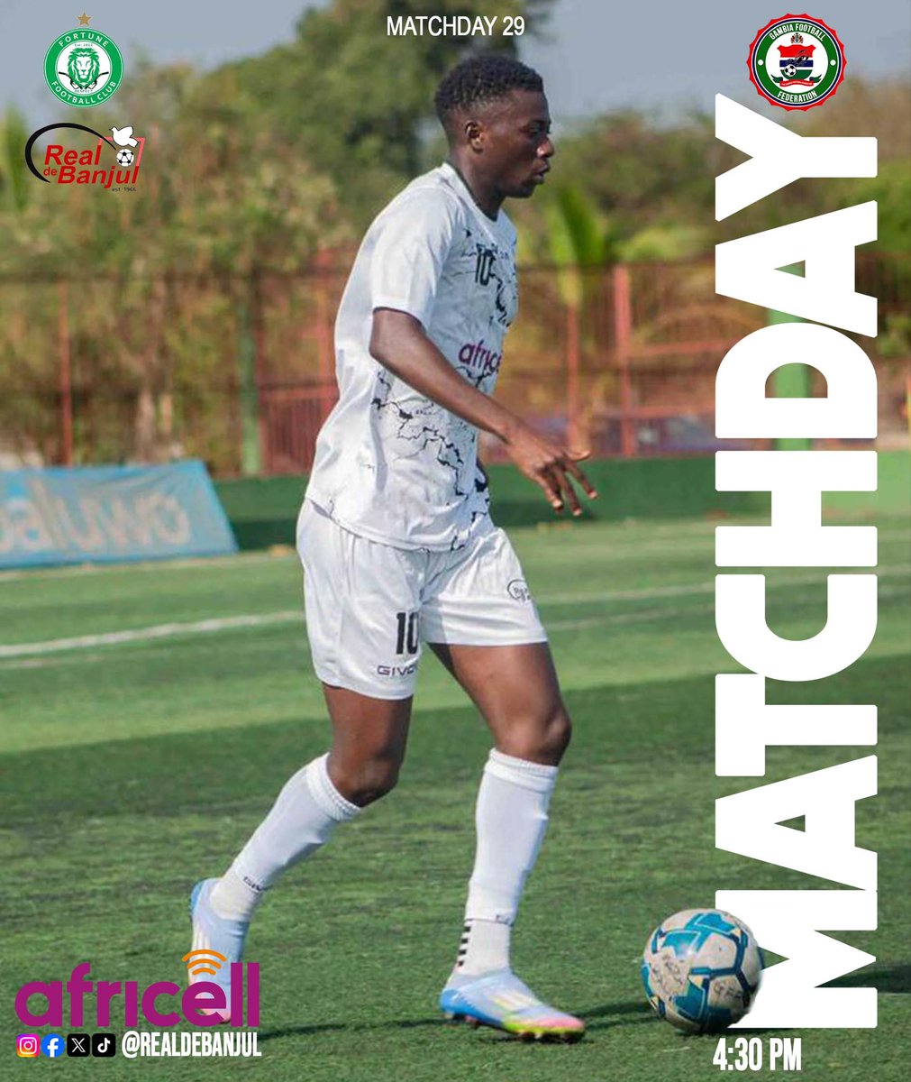 RealDeBanjulFC's tweet photo. 𝐌𝐀𝐓𝐂𝐇𝐃𝐀𝐘: The City Boys take on Fortune FC for the penultimate fixture of the 2025/26 season 🤍💪🏽!

See y’all Whites at the Boxbar mini stadium.

#rdb #matchday #gffleague #africell #cityboys https://t.co/ZgyX6ufyuE