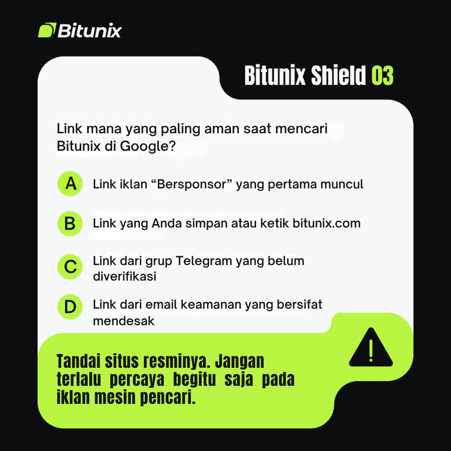 BitunixID's tweet photo. 🛡️ Bitunix Shield #03 

Saat mencari platform kripto di Google, keamanan selalu jadi prioritas utama. Jangan langsung percaya pada link pertama yang muncul, terutama yang berlabel "Bersponsor".  

✅ Cara paling aman adalah menggunakan link resmi yang sudah Anda simpan atau langsung mengetik https://t.co/6E3VdyoCRK atau https://t.co/fCzgIiKqIN di browser.  

Ingat, banyak situs phishing dibuat menyerupai platform asli untuk mencuri data akun dan aset pengguna.  

Selalu verifikasi alamat website sebelum login dan jangan pernah membagikan kode OTP kepada siapa pun.