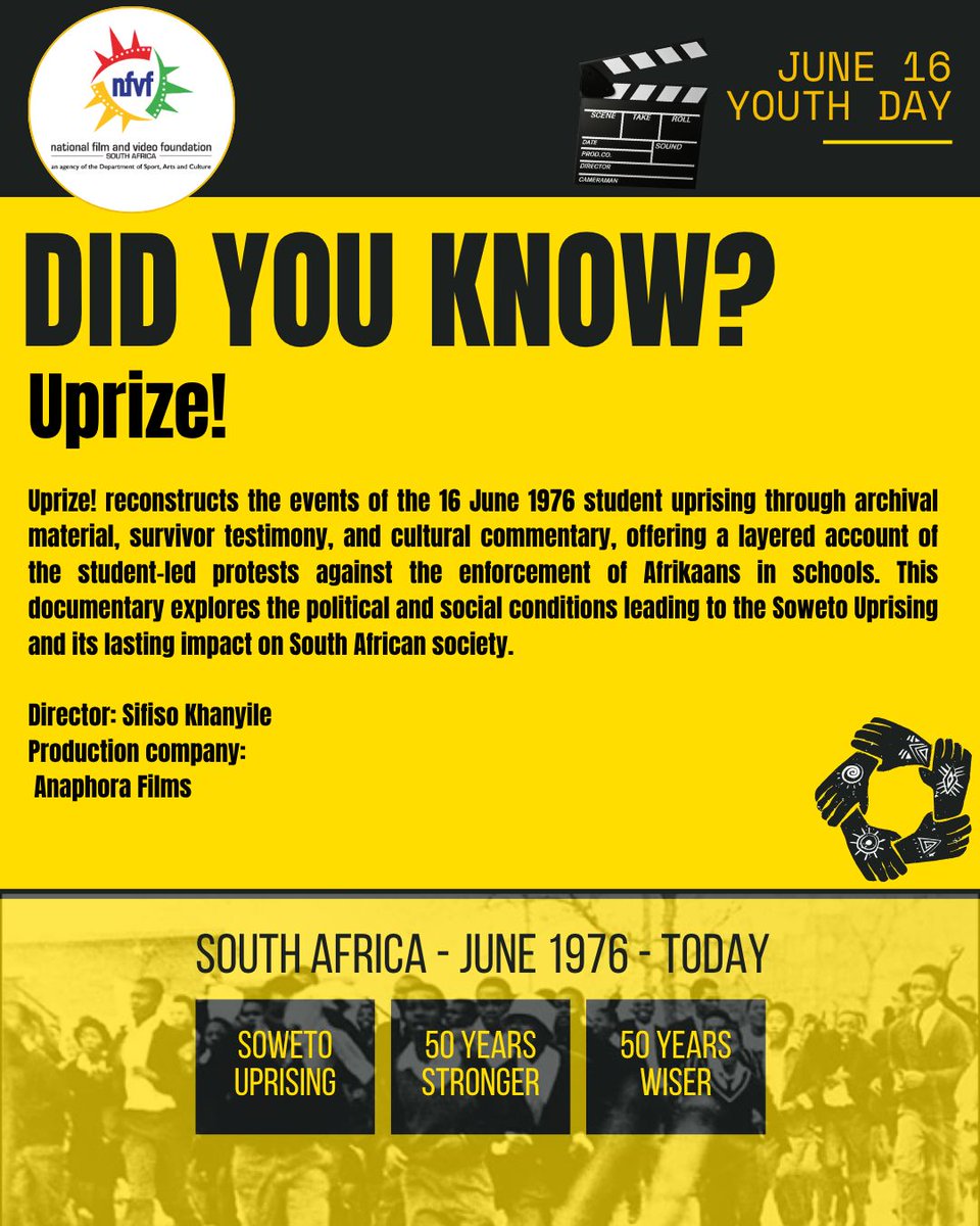 nfvfsa's tweet photo. 💡DID YOU KNOW?
Uprize! reconstructs the events of the 16 June 1976 student uprising through archival material, survivor testimony, and cultural commentary, offering a layered account of the student-led protests against the enforcement of Afrikaans in schools.
#50FORWARD https://t.co/UoY4TDaCRy