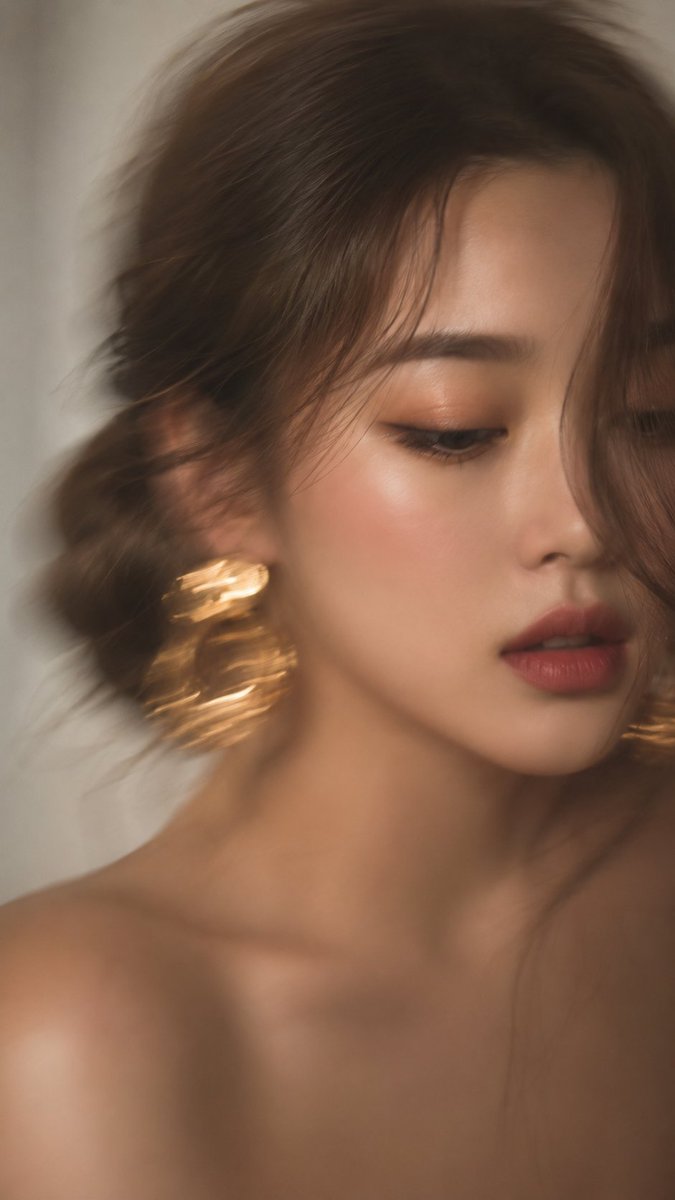 MissDelulu9's tweet photo. Made with ChatGPT 

Prompt: 

Intentional artistic motion-blur portrait, shot on a smartphone or long-exposure camera. Extreme close-up of a woman with a loose braided low bun and a long face-framing strand covering half her face. Looking down and to the side, one eye mostly hidden, lips slightly parted. Large statement gold earrings, bare shoulders, smooth glowing skin, soft peach blush, subtle highlighter, delicate makeup, defined lashes, matte dusty-rose lips with darker liner. Eye-level framing, face slightly right of center. Neutral light gray or white background. Soft natural window light, warm creamy golden tones. Strong intentional motion blur throughout the image, especially in the earrings and hair, with slightly sharper focus at the center of the face. Cinematic fashion editorial aesthetic, elegant, mysterious, atmospheric, minimal noise, soft contrast, warm color grading. Vertical 9:16.
