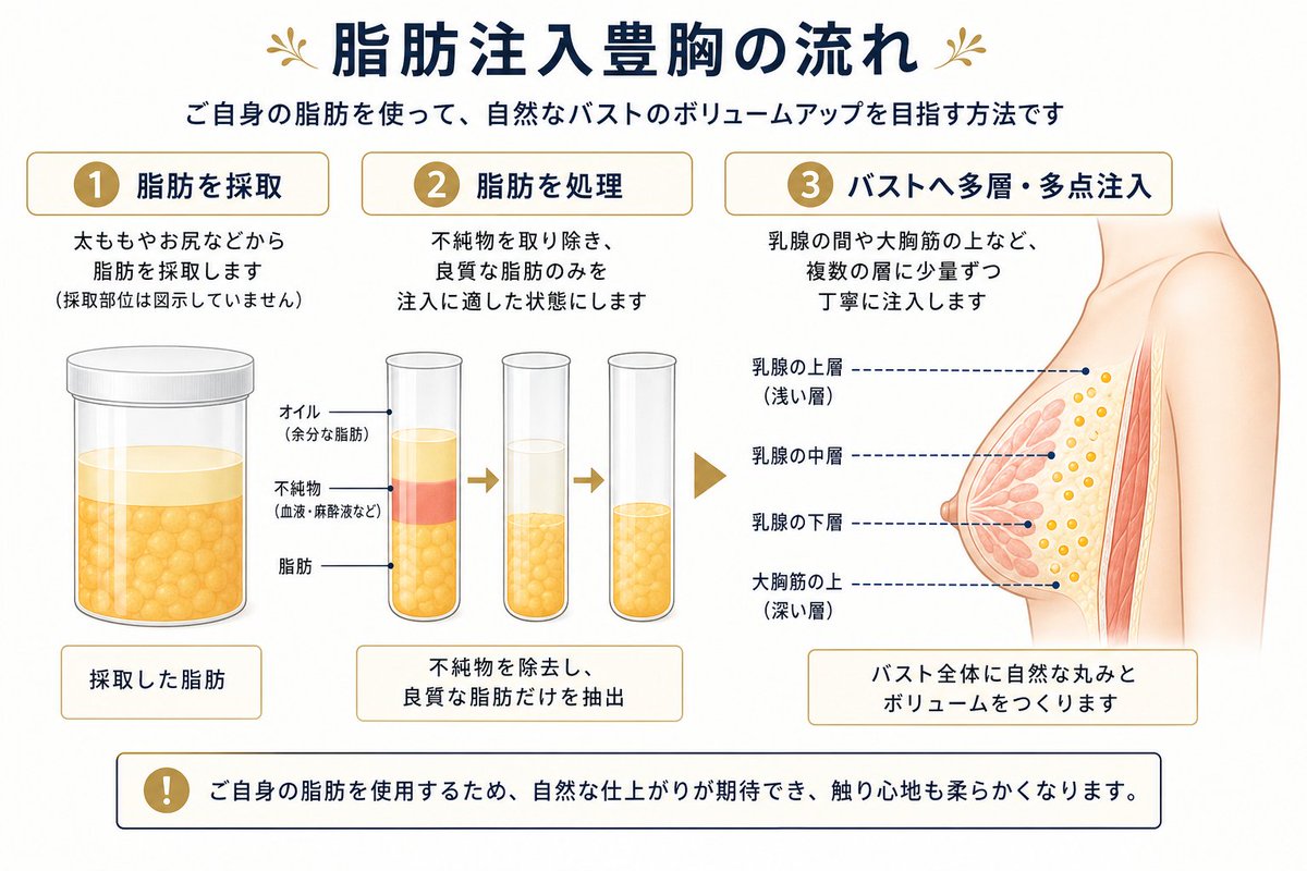 THECLINIC_BUST's tweet photo. 【脂肪注入豊胸で知っておきたいこと】
脂肪注入豊胸は、自然な見た目や柔らかい触り心地が期待できる一方で、しこりのリスクもゼロではありません。

しこりを防ぐために重要なのは、
✅ 脂肪から不純物を取り除く
✅ 一度に大量注入しない
✅ 少量ずつ細かく分散して注入する
✅ 乳腺や皮膚の状態を見極める
✅ 経験豊富な医師に相談する

「たくさん入れれば大きくなる」ではなく、
脂肪が生き残れる環境を考えて注入することが大切です。脂肪注入豊胸を検討中の方は、保存して参考にしてくださいね☺️