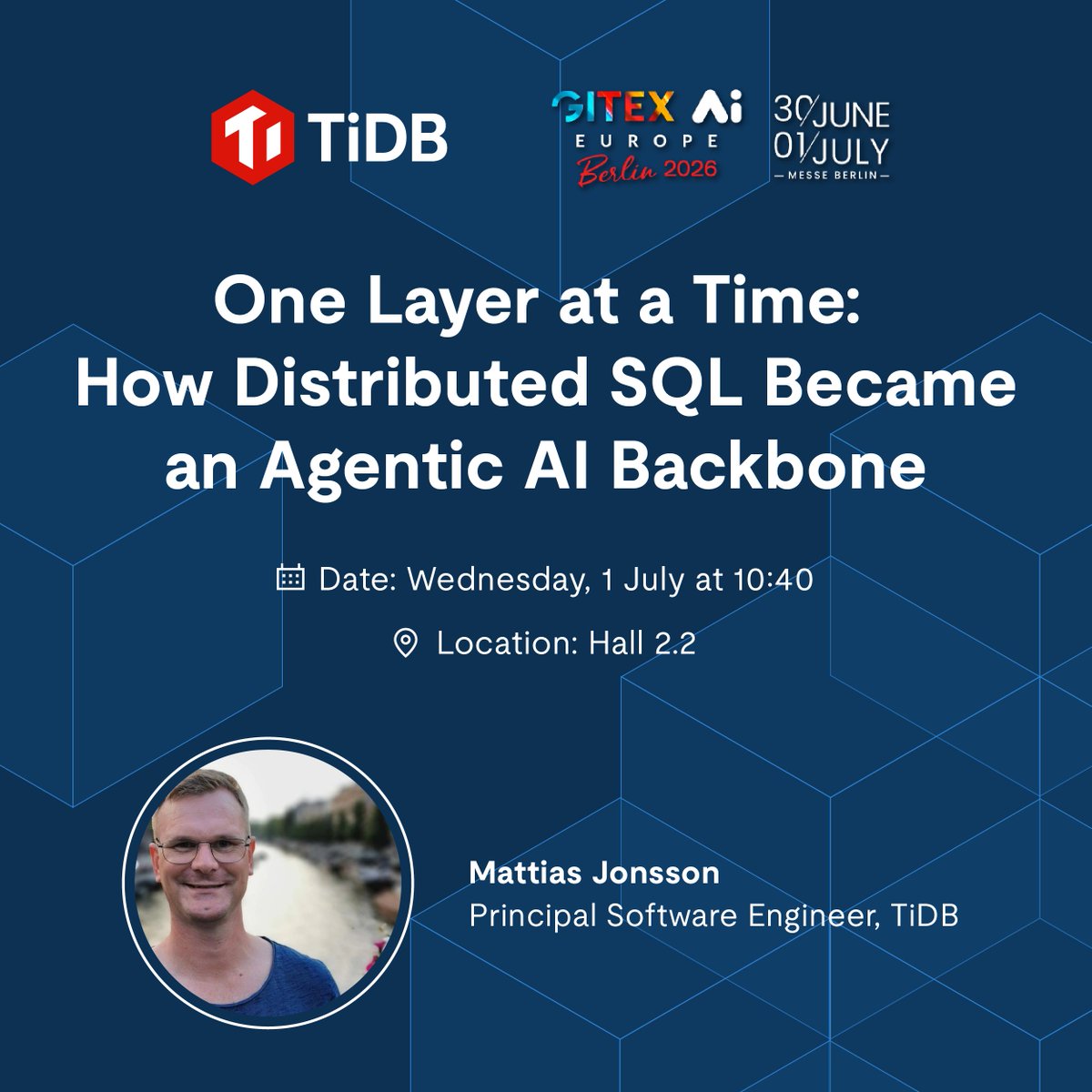 PingCAP's tweet photo. Most AI agents fail not due to models but data layers. Join Mattias Jonsson at #GitexEurope Berlin, 1 July, 10:40am, Hall 2.2. 

#AgenticAI #DistributedSQL #TiDB #AIInfrastructure https://t.co/atBUcnBuyE