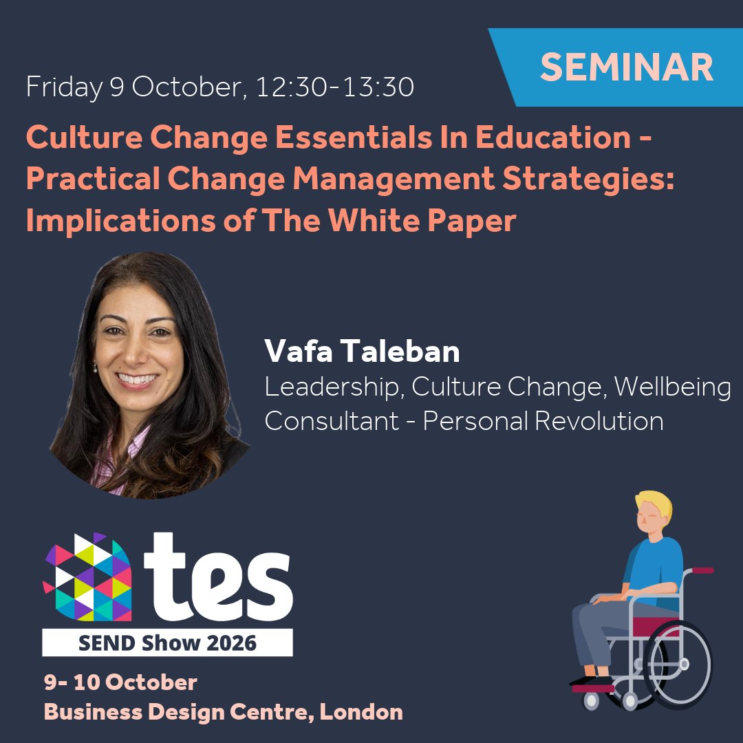SENDShowUK's tweet photo. Policy is one thing — culture change is the work.
Join Vafa Taleban at #TesSENDShow for Culture Change Essentials — practical strategies to turn the White Paper into inclusive, sustainable school practice.
🗓 09 Oct 2026 | ⏰ 12:30–13:30 https://t.co/NTKI2bW6Xx