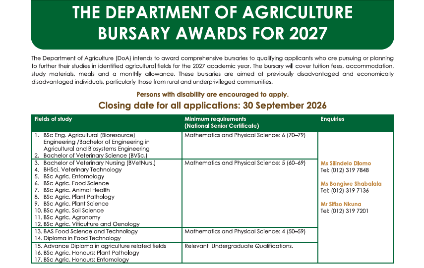 senzo_waves's tweet photo. @Nandi_Madida Department of Griculture bursaries for 2027.
You can inbox for the application form or more info. https://t.co/6nUpkg2GMV