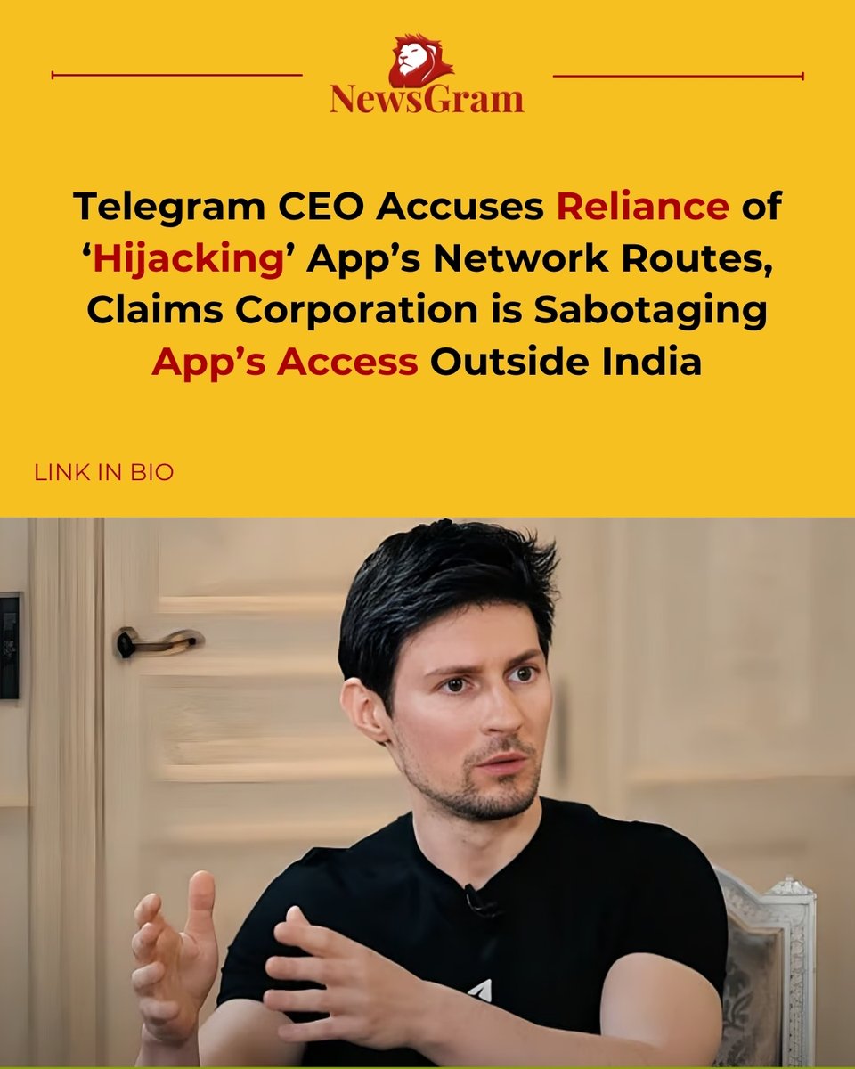 NewsGramHQ's tweet photo. Pavel Durov claims that Reliance is using BGP hijacking to disrupt Telegram’s network routes outside India, while also criticizing India’s temporary ban on the messaging platform ahead of the NEET re-examination.

#paveldurov #BGPHijacking #telegramban

Link in Comment Section to read the full story