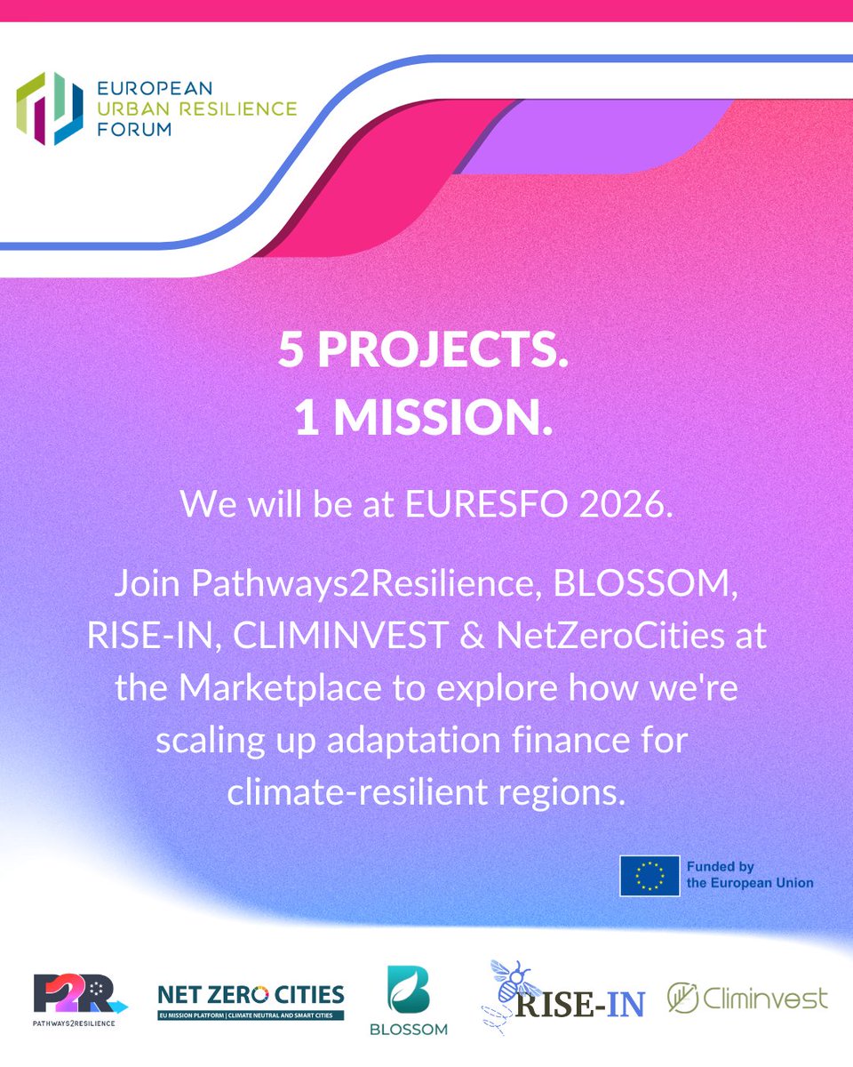RISEINPROJECT's tweet photo. 🐝 RISE-IN is at #EURESFO2026 in Guimarães 🇵🇹

We're joining fellow EU Mission projects to showcase how climate resilience and adaptation finance can be scaled across European regions.

Pathways2Res, Blossom Project, CLIMINVEST and @NetZeroCitiesEU 

#RISEIN #EUMission https://t.co/P9AT7KEIkL