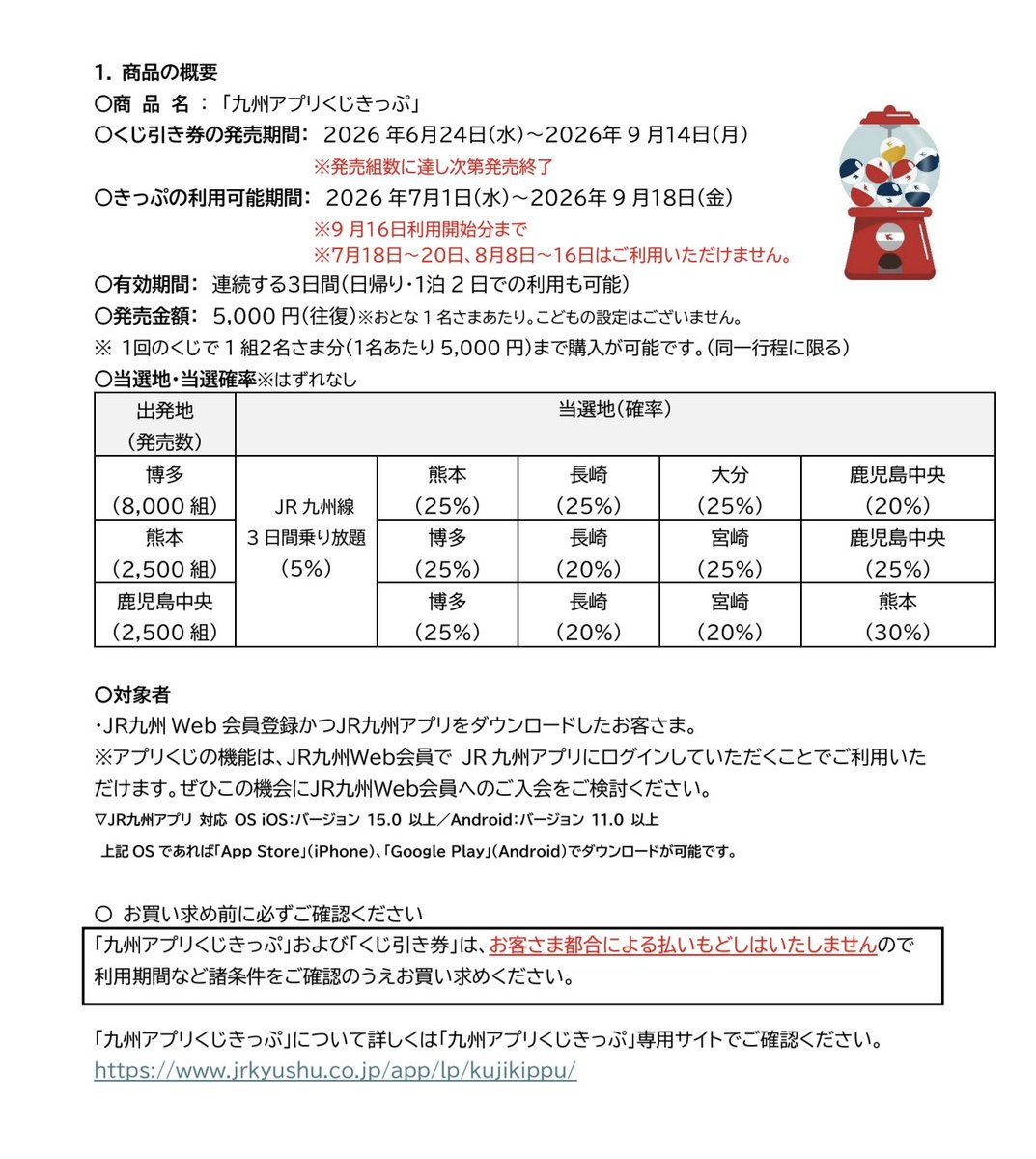 buta_traveler's tweet photo. JR九州
アプリくじきっぷ発売
今回から熊本･鹿児島発も発売

発売日:6/24〜
出発日:7/1〜9/16の連続する3日間
※一部対象外期間あり
値段:5,000円

博多＝熊本･大分･長崎･鹿児島
熊本＝博多･宮崎･長崎･鹿児島
鹿児島＝博多･長崎･宮崎･熊本
いずれと5%の確率でJR九州全線フリーきっぷが当選します！！

https://t.co/UaxxewXg4L