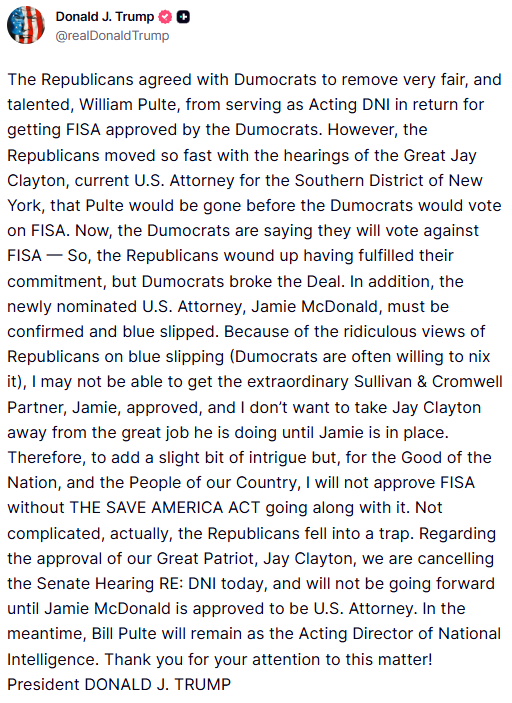 GuntherEagleman's tweet photo. 🚨President Trump just posted... "I will not approve FISA without THE SAVE AMERICA ACT going along with it." https://t.co/7K9dixVfZv