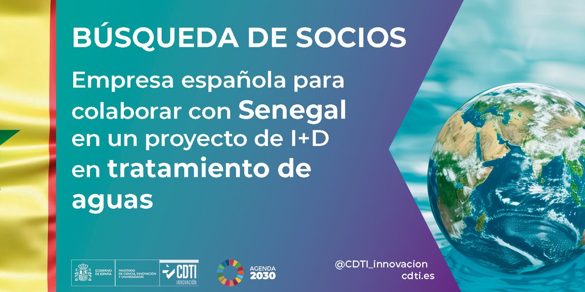 CDTI_innovacion's tweet photo. 🌍 Búsqueda de empresa española para colaborar con Senegal en el desarrollo y validación de tecnologías innovadoras para el #TratamientoDeAguas en la región senegalesa de Fatick

💧 La iniciativa busca dar respuesta a retos relacionados con la salinidad, la presencia de fluoruro y la calidad del #agua 

ℹ️ Más información: https://t.co/SrXA2AfUe2

#AyudandoCrearFuturo #GestiónDelAgua #CooperaciónTecnológica #CooperaciónInternacional #EspañaSenegal #Agenda2030 #ODS6 #ODS9 #ODS17