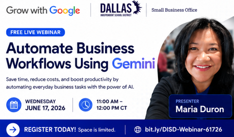DALLASISDSBO's tweet photo. It's not too late. Join us today at 11:00 am for the Automate Business Workflows Using Gemini.  Register now!  https://t.co/JAp0TAgJQ3 https://t.co/2UGGYHZrXk