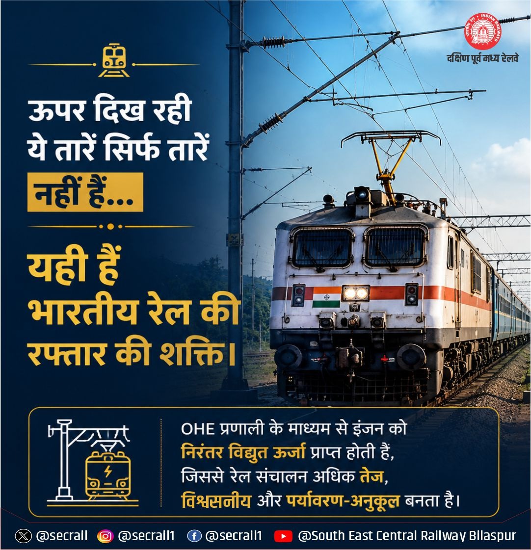 secrail's tweet photo. भारतीय रेल की रफ्तार के पीछे छिपी है विद्युत शक्ति!
रेल पटरियों के ऊपर दिखाई देने वाली OHE (Over Head Equipment) प्रणाली इंजन को निरंतर विद्युत ऊर्जा प्रदान करती है। यही तकनीक रेल परिचालन को अधिक तेज, विश्वसनीय और पर्यावरण-अनुकूल बनाती है।
#SECR #IndianRailways #OHE #RailTechnology