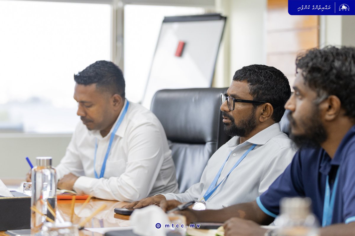 MTCCPlc's tweet photo. Our Deputy Managing Directors, Mr. Mohamed Jamsheed and Mr. Ahmed Mubeen met with MP for Nolhivaram Constituency Hon. Mohamed Rasheed. Discussions focused on project updates. #MTCCProjects #RayyithungeKunfuni https://t.co/FZsl7in3ap
