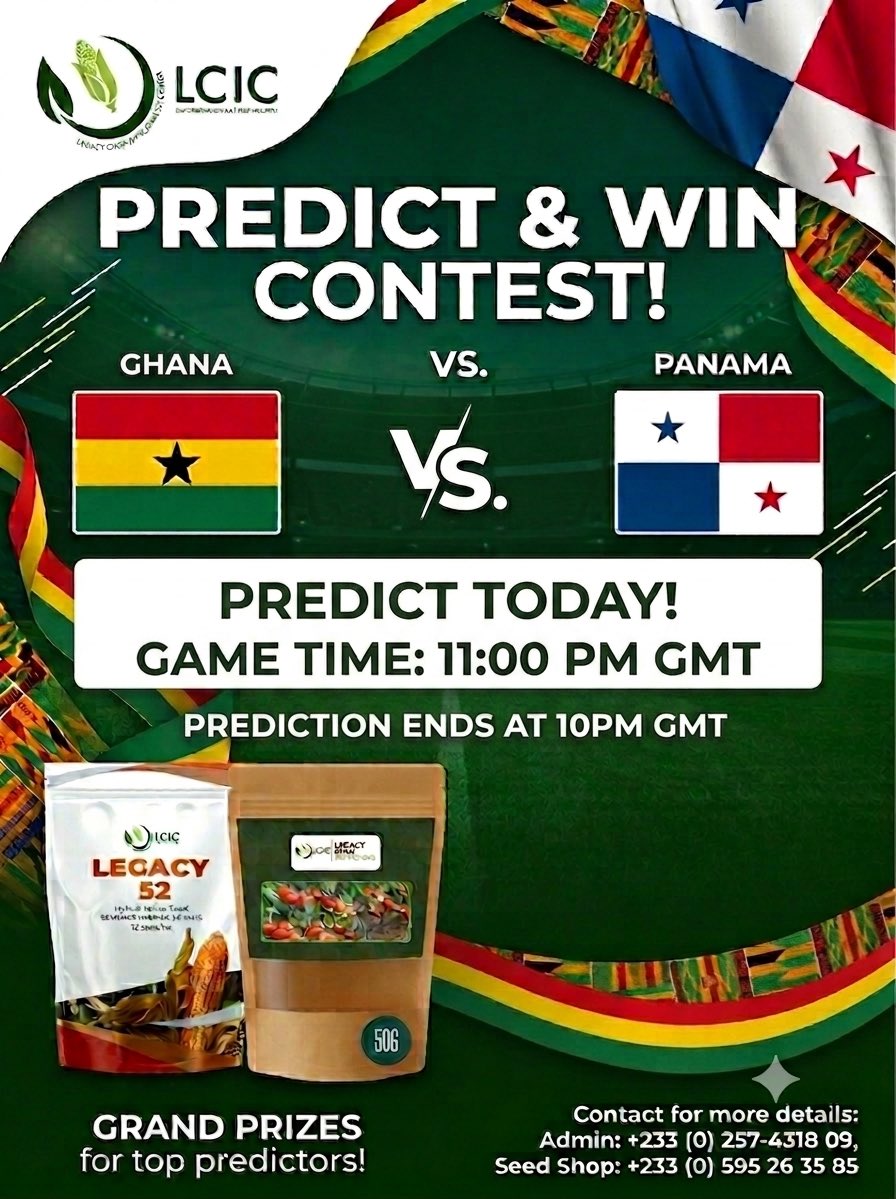 LegacyfarmsTv's tweet photo. Can the Black Stars secure a win tonight? Drop your correct score prediction below and stand a chance to win amazing prizes!

⏳ Deadline: 10:00 PM GMT sharp.
👇 Let’s hear your predictions! https://t.co/o8MjfJdiZs