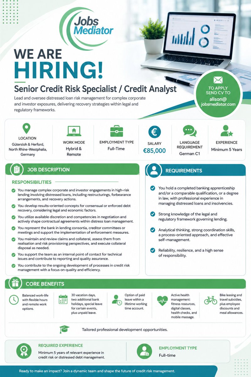 Daphlavour1's tweet photo. 🚨 We're Hiring! Senior Credit Risk Specialist — Germany 🇩🇪  💶 €85K | 📍 NRW Hybrid/Remote | 🗣️ German C1 Min. 5 yrs distressed debt experience required.  Apply 👉 alison@jobsmediator.com  #CreditRisk #GermanyJobs #Hiring #BankingJobs #JobsMediator https://t.co/UJQ5VvVEFf