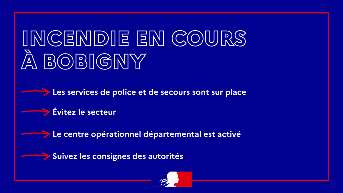 Prefet93's tweet photo. #Incendie

⚠️ Un incendie est en cours à Bobigny. 

👉 Les services de @PompiersParis sont sur place
👉Evitez le secteur

A la demande @Prefet93, le centre opérationnel départemental est activé.

👉 Suivez les consignes sur le compte @Prefet93 https://t.co/6MaHskEh7f