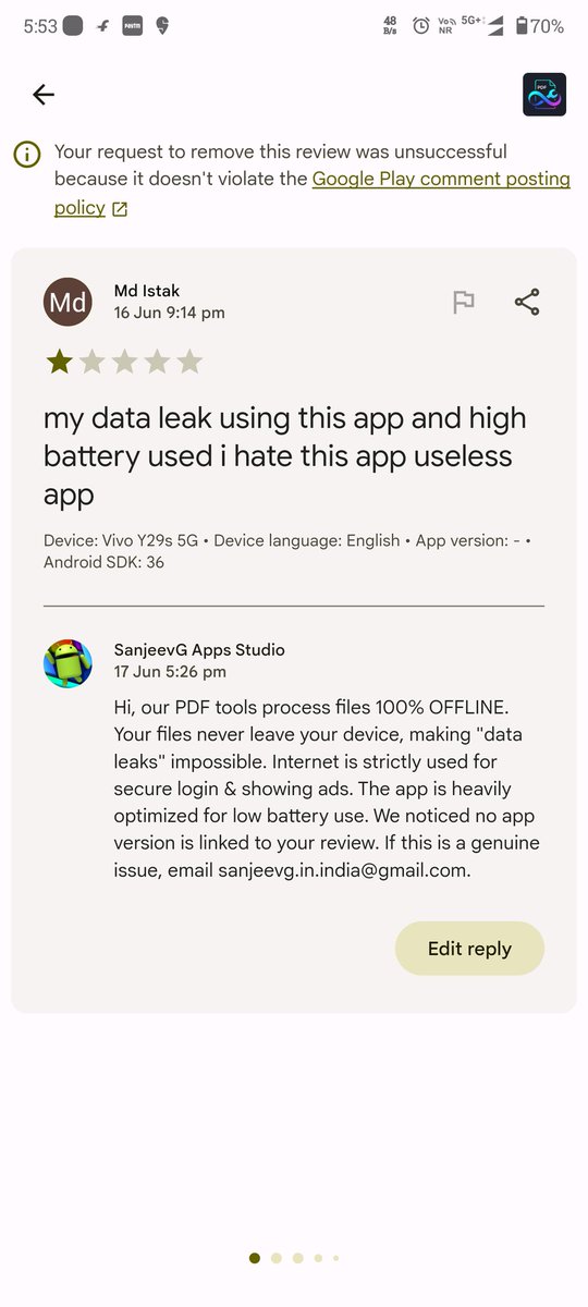 AppSanjeevG's tweet photo. Fake reviews are destroying Indie Devs on @GooglePlay
​I received a 1-star review claiming "Data Leaks" on a PDF app that processes files 100% OFFLINE. But the biggest red flag?

​Play Console shows "App version: -"
​This user didn't even open the app! How is this allowed? https://t.co/GPYiYAUbU7