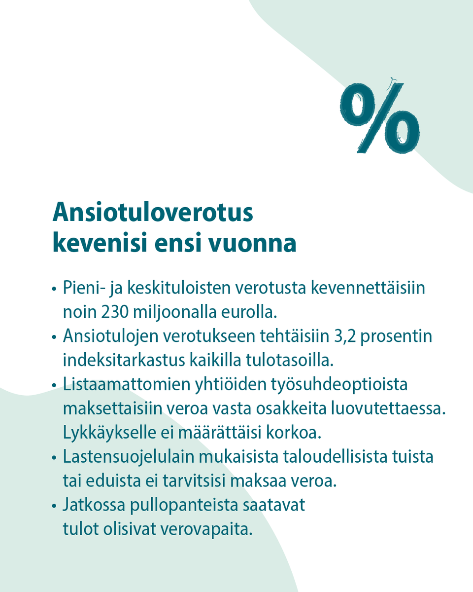 Ansiotuloverotus kevenisi ensi vuonna.
Pieni- ja keskituloisten verotusta kevennettäisiin noin 230 miljoonalla eurolla.
Ansiotulojen verotukseen tehtäisiin 3,2 prosentin indeksitarkastus kaikilla tulotasoilla.
Listaamattomien yhtiöiden työsuhdeoptioista maksettaisiin veroa vasta osakkeita luovutettaessa. Lykkäykselle ei määrättäisi korkoa.
Lastensuojelulain mukaisista taloudellisista tuista tai eduista ei tarvitsisi maksaa veroa.
Jatkossa pullopanteista saatavat tulot olisivat verovapaita.