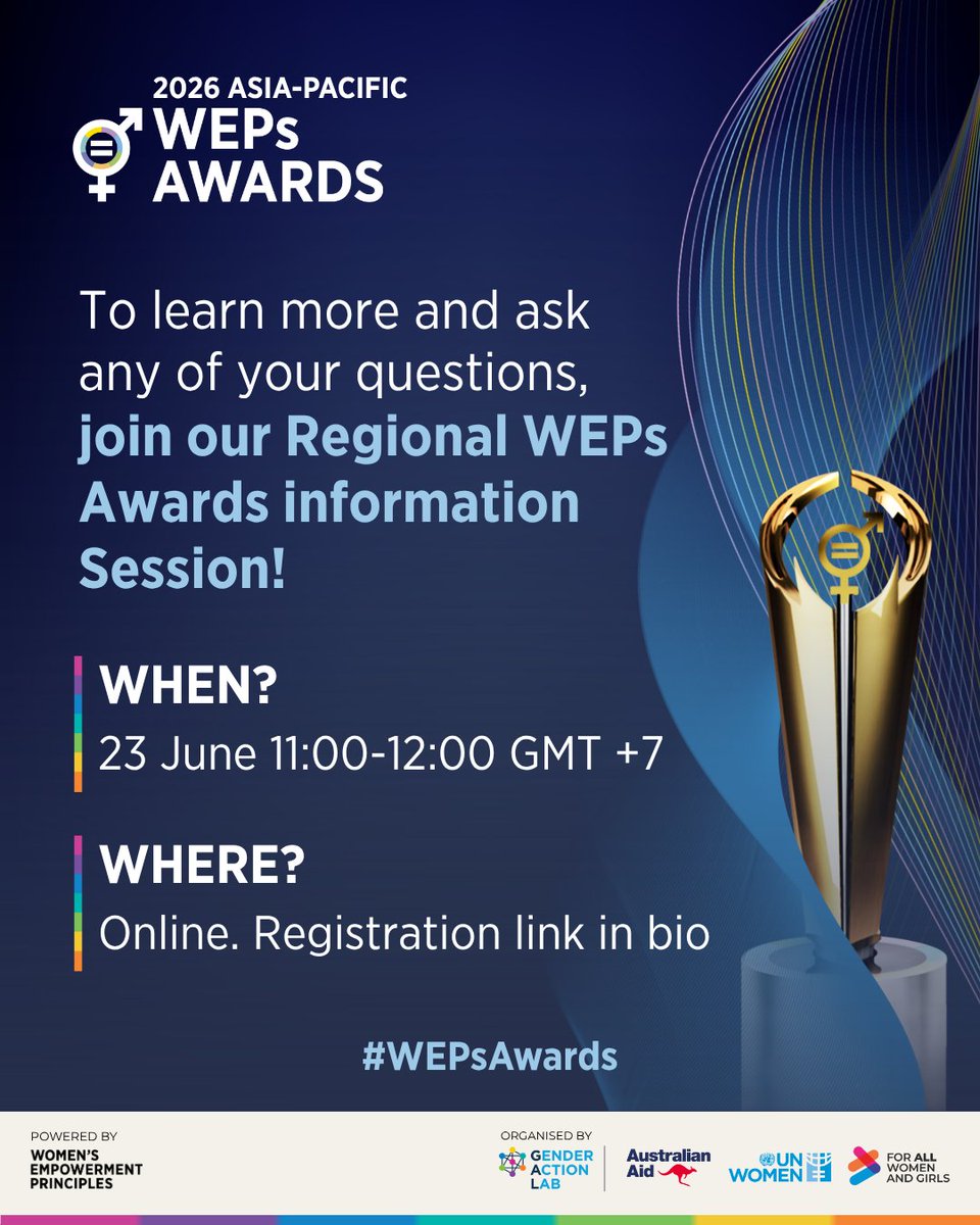 unwomenasia's tweet photo. Thinking of applying for the #WEPsAwards?
Get inspired by the 2024 Awardees and the initiatives that led to their success: https://t.co/t1EHK312ex
Join our information session on 23 June, 11:00–12:00 GMT+7, to learn more: https://t.co/oNkK0KZ7O1
#WEPs #GenderActionLab https://t.co/y58KOCUPLK