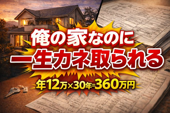 japan_nobunaga's tweet photo. なんで俺の家なのに
一生カネ取られんの？😶

固定資産税、年間約12万円
30年で360万円💸

ローン完済して泣いた日も
翌年ちゃんと届く納付書📩

つまりこれ、国への家賃だろ

マイホームって
誰のものなんだよ🔥 https://t.co/VfPTQrK2nZ