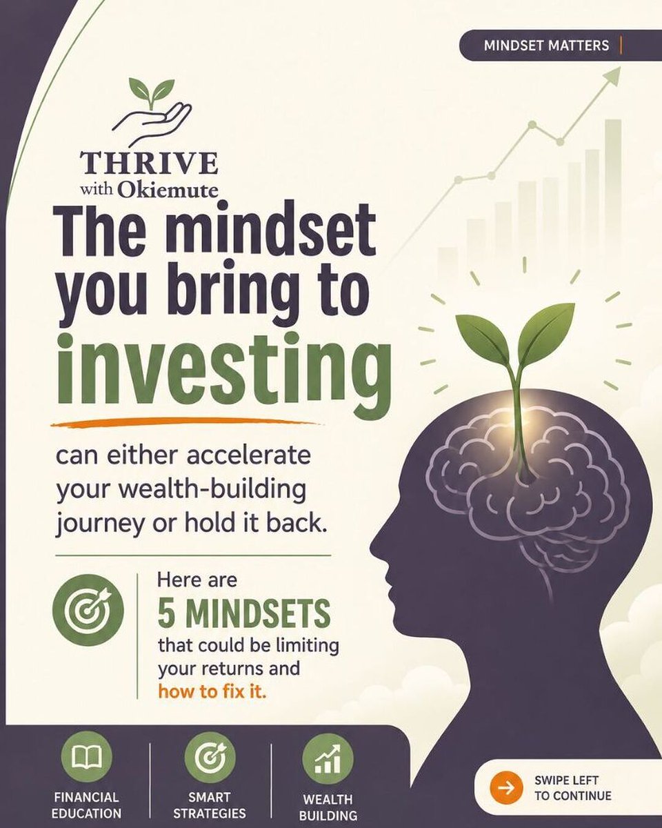ThriveWithO's tweet photo. One of the biggest lessons I've learned from working with investors is this: you could own quality investments and still fall short of your goals if fear, impatience, or poor decision-making keeps getting in the way.

What people miss is that successful investing is as much a mental game as it is a financial one.

Here are 5 limiting mindsets that hold people back from building wealth and the simple shifts that can help you move forward with confidence.

1/