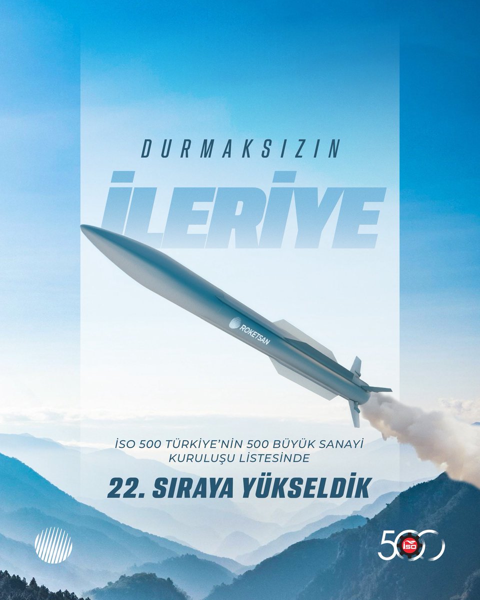 roketsan's tweet photo. Durmaksızın daha ileriye! 🚀

İstanbul Sanayi Odası "Türkiye’nin 500 Büyük Sanayi Kuruluşu 2025" listesinde 13 basamak yükselerek 22. sırada yerimizi aldık. 💪

Teknolojik derinliğimizi ve üretim kabiliyetimizi her geçen yıl bir üst seviyeye taşıyor, ülkemize katma değer sağlamaya devam ediyoruz. 🇹🇷