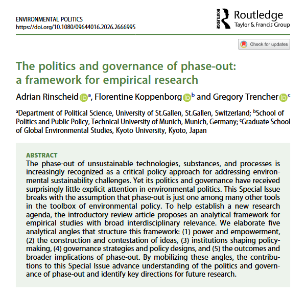 Env_Pol's tweet photo. New Introduction to Special Issue!

The politics and governance of phase-out: a framework for empirical research by Adrian Rinscheid, Florentine Koppenborg &amp; Gregory Trencher.

@gregtrencher 

https://t.co/sg0SPhNWnW https://t.co/HwfspvvQdW