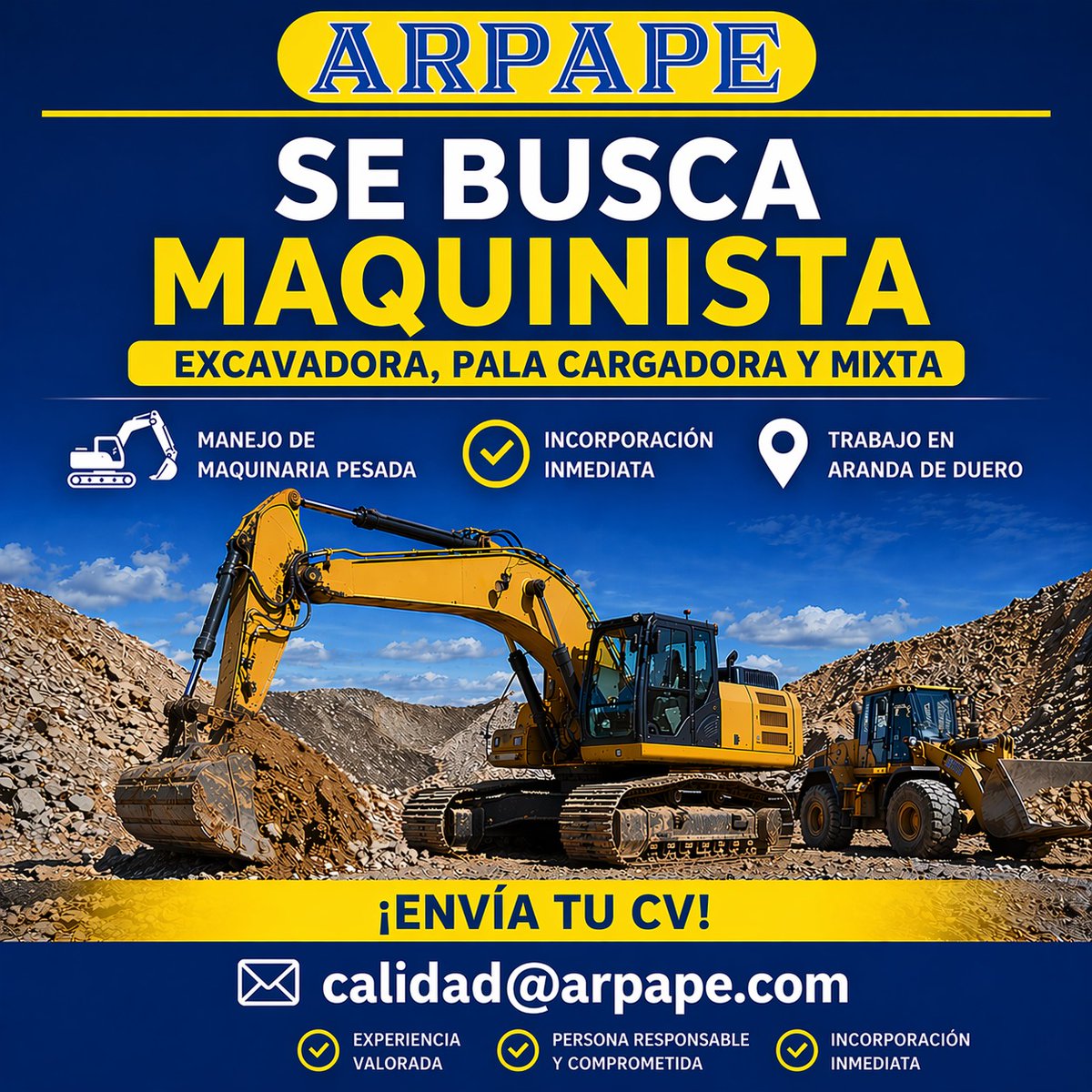 ARPAPE1's tweet photo. Buscamos maquinista de maquinaria pesada para trabajar en la zona de Aranda de Duero.
La persona seleccionada se encargará del manejo de excavadora, pala cargadora y mixta, participando en trabajos de movimiento de tierras y obras.
Enviar su CV a calidad@arpape.com. 🚧🚜 https://t.co/mHu5Kkenlj