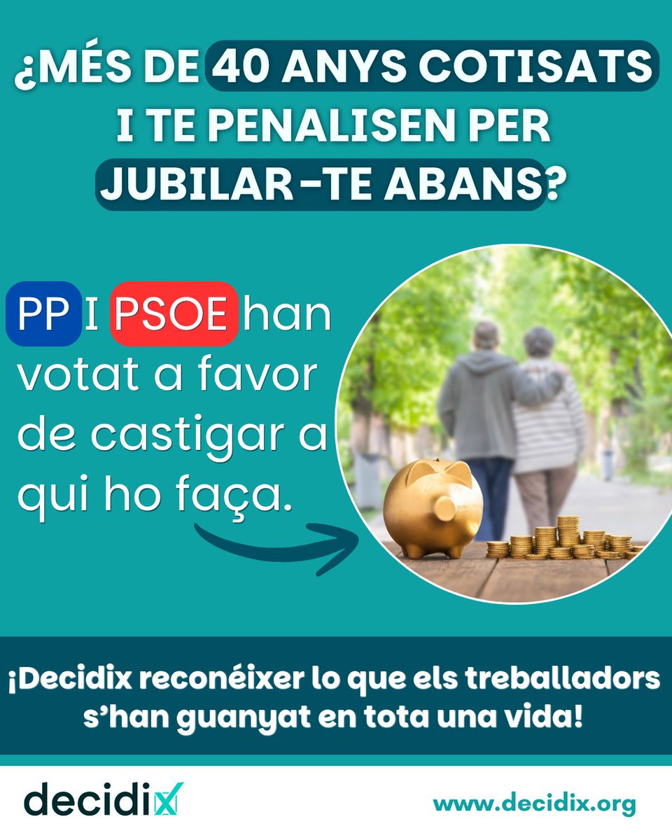 decidix's tweet photo. 🤔 ¿És just que una persona que porta més de 40 anys cotisant siga penalisada si decidix jubilar-se uns mesos abans?

👥Mills de treballadors han dedicat tota una vida a alçar la nostra societat, complint en les seues obligacions i aportant durant décades al sistema públic...👇🏽 https://t.co/PsfXLac8QI