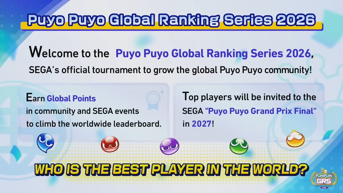 EsportsSega's tweet photo. #PGRS2026
 SEGA Official Tournament 2 – Registration Now Open ⚡
 All Regions
No matter your skill level, this is your stage
 Rise up, take the challenge, and fight your way to the top 🔥
Registration Deadline: July 20, 23:59 (JST)
https://t.co/QJ7v764kN1
#PuyoPuyo https://t.co/0twWZzM8AB