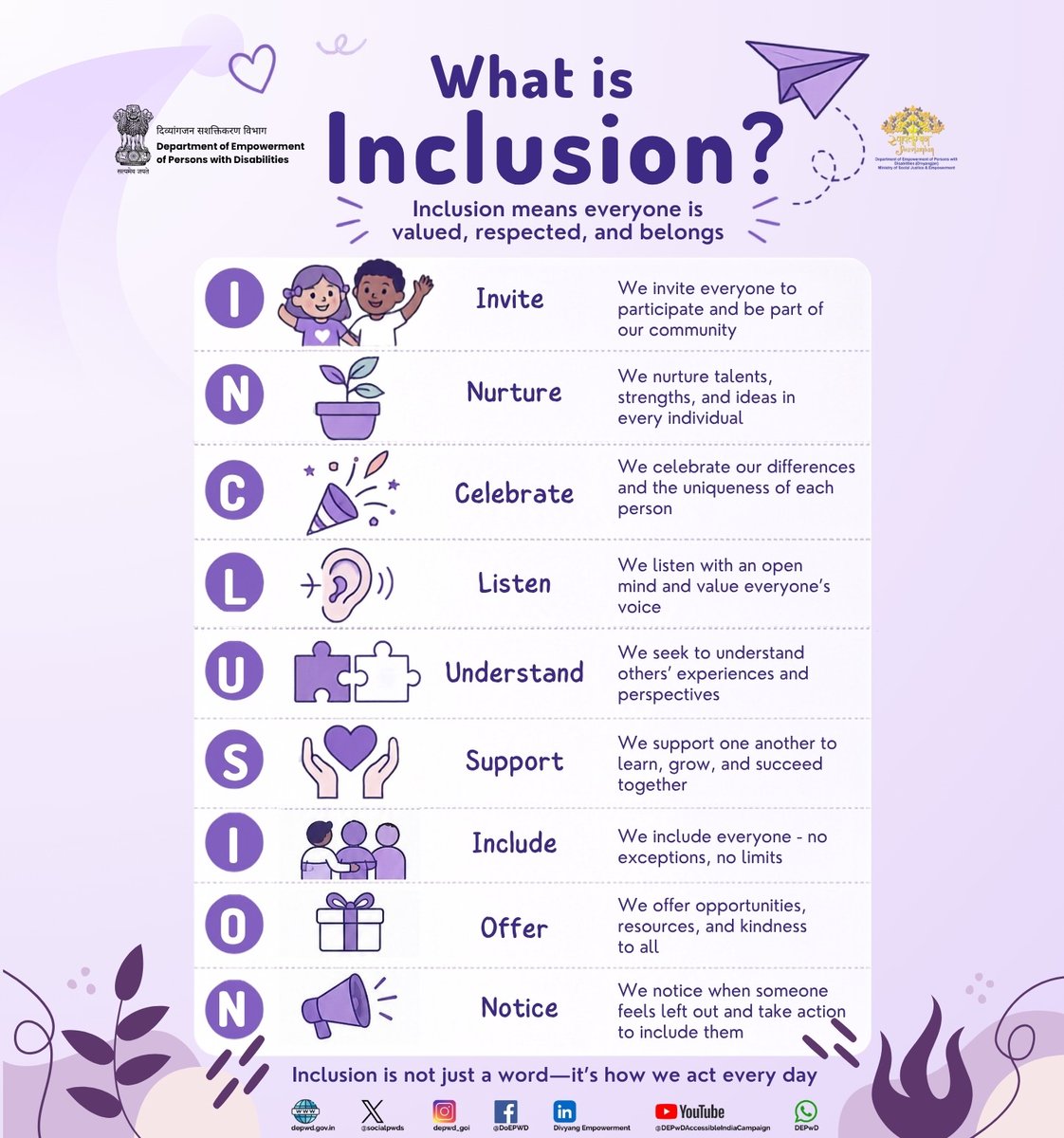 socialpwds's tweet photo. Inclusion begins when differences are not just accepted but celebrated.

At DEPwD, we believe that every individual deserves the chance to learn, dream, create, participate, and thrive without barriers. An inclusive society is built when we open doors with empathy, strengthen communities with accessibility, and ensure that no one is left behind.

🌸 Inclusion means inviting every voice.
🌸 It means nurturing every talent.
🌸 It means celebrating every unique journey.
🌸 It means listening with compassion and understanding with respect.
🌸 It means supporting aspirations, offering equal opportunities, and noticing the barriers that must be removed.

Because true empowerment happens when everyone belongs.

Together, let us shape an Accessible and Inclusive India, where diversity becomes strength and inclusion becomes a way of life.

#InclusionMatters #InclusiveIndia